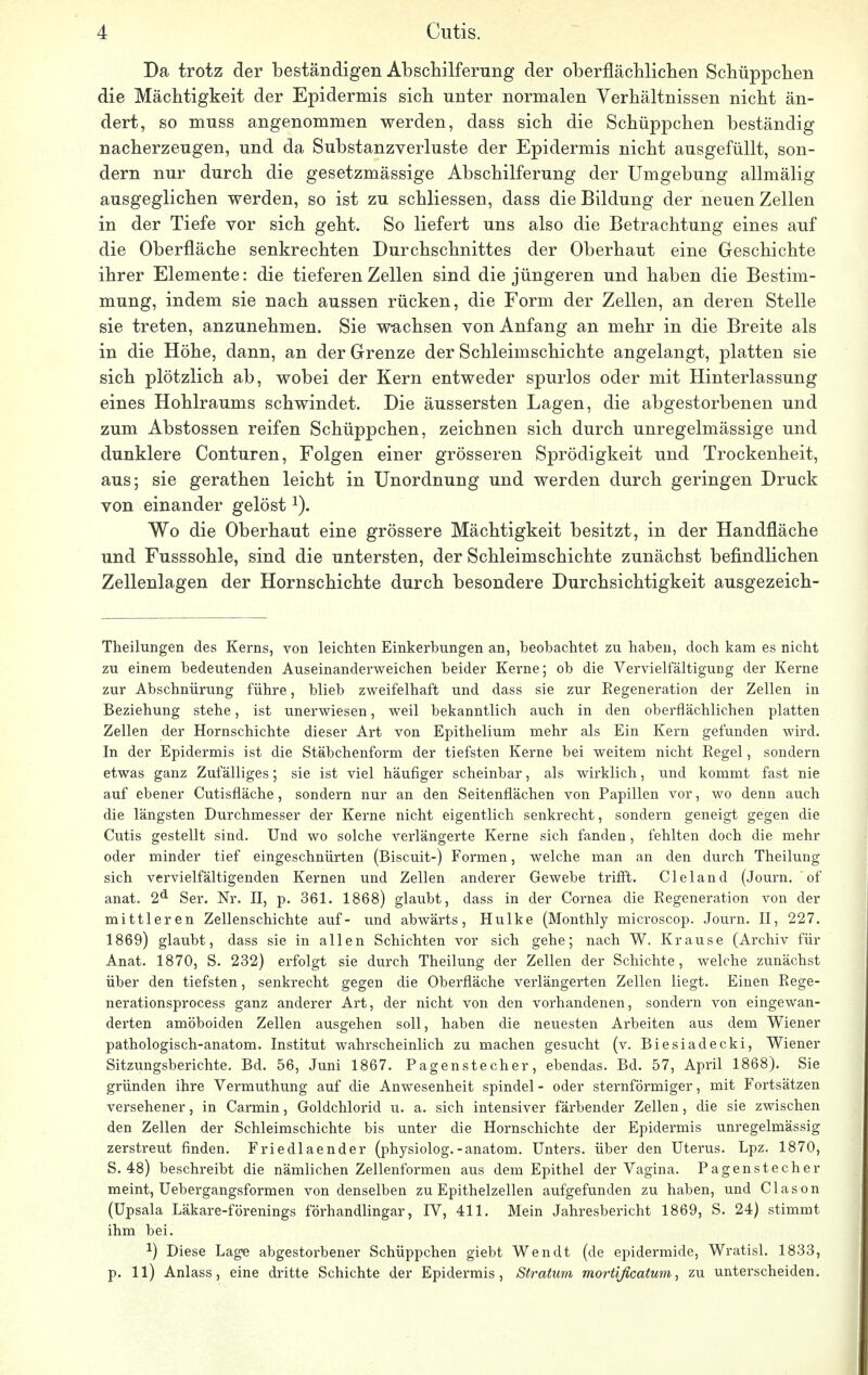 Da trotz der beständigen Abschilferung der oberflächlichen Schüppchen die Mächtigkeit der Epidermis sich unter normalen Verhältnissen nicht än- dert, so muss angenommen werden, dass sich die Schüppchen beständig nacherzeugen, und da Substanzverluste der Epidermis nicht ausgefüllt, son- dern nur durch die gesetzmässige Abschilferung der Umgebung allmälig ausgeglichen werden, so ist zu schliessen, dass die Bildung der neuen Zellen in der Tiefe vor sich geht. So liefert uns also die Betrachtung eines auf die Oberfläche senkrechten Durchschnittes der Oberhaut eine Geschichte ihrer Elemente: die tieferen Zellen sind die jüngeren und haben die Bestim- mung, indem sie nach aussen rücken, die Form der Zellen, an deren Stelle sie treten, anzunehmen. Sie wachsen von Anfang an mehr in die Breite als in die Höhe, dann, an der Grenze der Schleimschichte angelangt, platten sie sich plötzlich ab, wobei der Kern entweder spurlos oder mit Hinterlassung eines Hohlraums schwindet. Die äussersten Lagen, die abgestorbenen und zum Abstossen reifen Schüppchen, zeichnen sich durch unregelmässige und dunklere Conturen, Folgen einer grösseren Sprödigkeit und Trockenheit, aus; sie gerathen leicht in Unordnung und werden durch geringen Druck von einander gelöstx). Wo die Oberhaut eine grössere Mächtigkeit besitzt, in der Handfläche und Fusssohle, sind die untersten, der Schleimschichte zunächst befindlichen Zellenlagen der Hornschichte durch besondere Durchsichtigkeit ausgezeich- Theilungen des Kerns, von leichten Einkerbungen an, beobachtet zu haben, doch kam es nicht zu einem bedeutenden Auseinanderweichen beider Kerne; ob die Vervielfältigung der Kerne zur Abschnürung führe, blieb zweifelhaft und dass sie zur Regeneration der Zellen in Beziehung stehe, ist unerwiesen, weil bekanntlich auch in den oberflächlichen platten Zellen der Hornschichte dieser Art von Epithelium mehr als Ein Kern gefunden wird. In der Epidermis ist die Stäbchenform der tiefsten Kerne bei weitem nicht Regel, sondern etwas ganz Zufälliges; sie ist viel häufiger scheinbar, als wirklich, und kommt fast nie auf ebener Cutisfläche, sondern nur an den Seitenflächen von Papillen vor, wo denn auch die längsten Durchmesser der Kerne nicht eigentlich senkrecht, sondern geneigt gegen die Cutis gestellt sind. Und wo solche verlängerte Kerne sich fanden, fehlten doch die mehr oder minder tief eingeschnürten (Biscuit-) Formen, welche man an den durch Theilung sich vervielfältigenden Kernen und Zellen anderer Gewebe trifft. Cleland (Journ. of anat. 2d Ser. Nr. II, p. 361. 1868) glaubt, dass in der Cornea die Regeneration von der mittleren Zellenschichte auf- und abwärts, Hulke (Monthly microscop. Journ. II, 227. 1869) glaubt, dass sie in allen Schichten vor sich gehe; nach W. Krause (Archiv für Anat. 1870, S. 232) erfolgt sie durch Theilung der Zellen der Schichte, welche zunächst über den tiefsten, senkrecht gegen die Oberfläche verlängerten Zellen liegt. Einen Rege- nerationsprocess ganz anderer Art, der nicht von den vorhandenen, sondern von eingewan- derten amöboiden Zellen ausgehen soll, haben die neuesten Arbeiten aus dem Wiener pathologisch-anatom. Institut wahrscheinlich zu machen gesucht (v. Biesiadecki, Wiener Sitzungsberichte. Bd. 56, Juni 1867. Pagenstecher, ebendas. Bd. 57, April 1868). Sie gründen ihre Vermuthung auf die Anwesenheit spindel - oder sternförmiger, mit Fortsätzen versehener, in Carmin, Goldchlorid u. a. sich intensiver färbender Zellen, die sie zwischen den Zellen der Schleimschichte bis unter die Hornschichte der Epidermis unregelmässig zerstreut finden. Friedlaender (physiolog.-anatom. Unters, über den Uterus. Lpz. 1870, S. 48) beschreibt die nämlichen Zellenformen aus dem Epithel der Vagina. Pagenstecher meint, Uebergangsformen von denselben zu Epithelzellen aufgefunden zu haben, und Clason (Upsala Läkare-förenings forhandlingar, IV, 411. Mein Jahresbericht 1869, S. 24) stimmt ihm bei. J) Diese Lage abgestorbener Schüppchen giebt Wendt (de epidermide, Wratisl. 1833, p. 11) Anlass, eine dritte Schichte der Epidermis, Stratum mortificatum, zu unterscheiden.