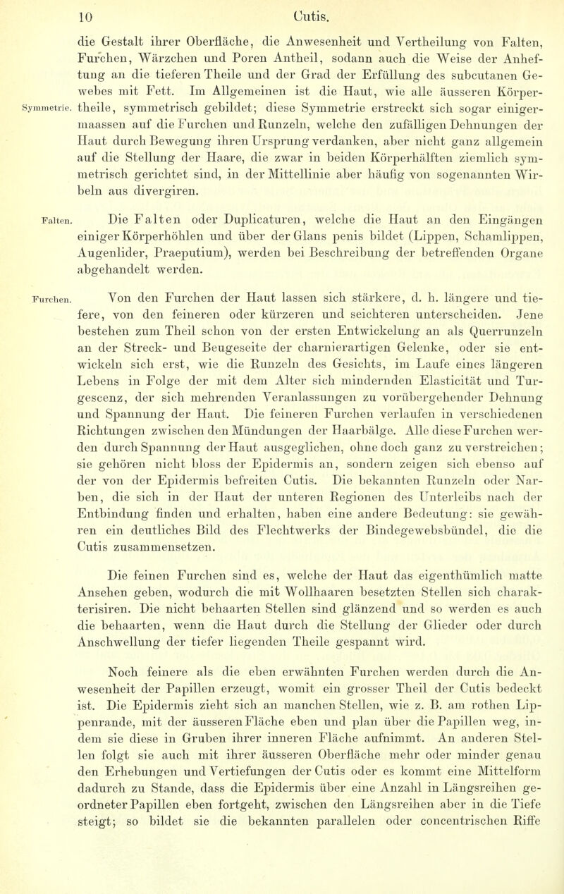 die Gestalt ihrer Oberfläche, die Anwesenheit und Vertheilung von Falten, Furchen, Wärzchen und Poren Antheil, sodann auch die Weise der Anhef- tung an die tieferen Theile und der Grad der Erfüllung des subcutanen Ge- webes mit Fett. Im Allgemeinen ist die Haut, wie alle äusseren Körper- Symmetrie, theile, symmetrisch gebildet; diese Symmetrie erstreckt sich sogar einiger- maassen auf die Furchen und Kunzein, welche den zufälligen Dehnungen der Haut durch Bewegung ihren Ursprung verdanken, aber nicht ganz allgemein auf die Stellung der Haare, die zwar in beiden Körperhälften ziemlich sym- metrisch gerichtet sind, in der Mittellinie aber häufig von sogenannten Wir- beln aus divergiren. Falten. Die Falten oder Duplicaturen, welche die Haut an den Eingängen einiger Körperhöhlen und über der Glans penis bildet (Lippen, Schamlippen, Augenlider, Praeputium), werden bei Beschreibung der betreffenden Organe abgehandelt werden. Furchen. Von den Furchen der Haut lassen sich stärkere, d. h. längere und tie- fere, von den feineren oder kürzeren und seichteren unterscheiden. Jene bestehen zum Theil schon von der ersten Entwicklung an als Querrunzeln an der Streck- und Beugeseite der charnierartigen Gelenke, oder sie ent- wickeln sich erst, wie die Runzeln des Gesichts, im Laufe eines längeren Lebens in Folge der mit dem Alter sich mindernden Elasticität und Tur- gescenz, der sich mehrenden Veranlassungen zu vorübergehender Dehnung und Spannung der Haut. Die feineren Furchen verlaufen in verschiedenen Richtungen zwischen den Mündungen der Haarbälge. Alle diese Furchen wer- den durch Spannung der Haut ausgeglichen, ohne doch ganz zu verstreichen; sie gehören nicht bloss der Epidermis an, sondern zeigen sich ebenso auf der von der Epidermis befreiten Cutis. Die bekannten Runzeln oder Nar- ben, die sich in der Haut der unteren Regionen des Unterleibs nach der Entbindung finden und erhalten, haben eine andere Bedeutung: sie gewäh- ren ein deutliches Bild des Flechtwerks der Bindegewebsbündel, die die Cutis zusammensetzen. Die feinen Furchen sind es, welche der Haut das eigenthümlich matte Ansehen geben, wodurch die mit Wollhaaren besetzten Stellen sich charak- terisiren. Die nicht behaarten Stellen sind glänzend und so werden es auch die behaarten, wenn die Haut durch die Stellung der Glieder oder durch Anschwellung der tiefer liegenden Theile gespannt wird. Noch feinere als die eben erwähnten Furchen werden durch die An- wesenheit der Papillen erzeugt, womit ein grosser Theil der Cutis bedeckt ist. Die Epidermis zieht sich an manchen Stellen, wie z. B. am rothen Lip- penrande, mit der äusseren Fläche eben und plan über die Papillen weg, in- dem sie diese in Gruben ihrer inneren Fläche aufnimmt. An anderen Stel- len folgt sie auch mit ihrer äusseren Oberfläche mehr oder minder genau den Erhebungen und Vertiefungen der Cutis oder es kommt eine Mittelform dadurch zu Stande, dass die Epidermis über eine Anzahl in Längsreihen ge- ordneter Papillen eben fortgeht, zwischen den Längsreihen aber in die Tiefe steigt; so bildet sie die bekannten parallelen oder concentrischen Riffe