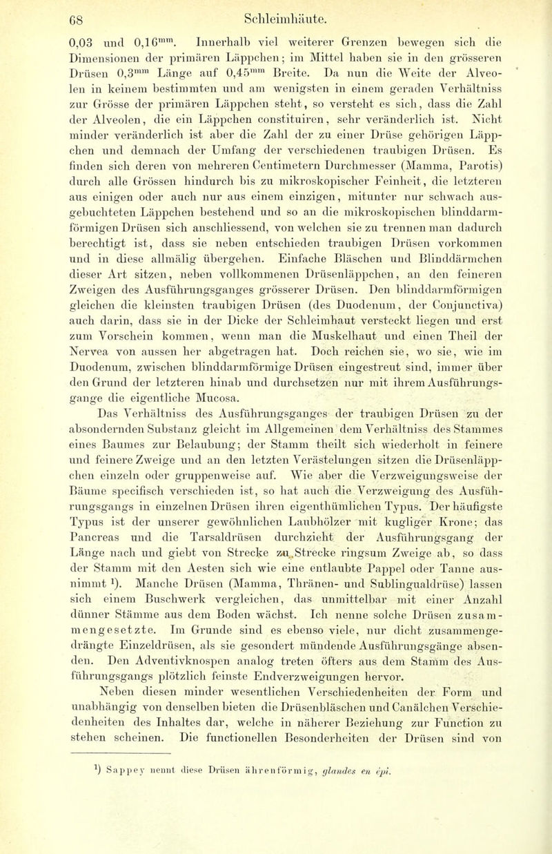 0,03 und 0,16mm. Innerhalb viel weiterer Grenzen bewegen sich die Dimensionen der primären Läppchen; im Mittel haben sie in den grösseren Drüsen 0,3mm Länge auf 0,4 5mm Breite. Da nun die Weite der Alveo- len in keinem bestimmten und am wenigsten in einem geraden Verhältniss zur Grösse der primären Läppchen steht, so versteht es sich, dass die Zahl der Alveolen, die ein Läppchen constituiren, sehr veränderlich ist. Nicht minder veränderlich ist aber die Zahl der zu einer Drüse gehörigen Läpp- chen und demnach der Umfang der verschiedenen traubigen Drüsen. Es finden sich deren von mehreren Centimetern Durchmesser (Mamma, Parotis) durch alle Grössen hindurch bis zu mikroskopischer Feinheit, die letzteren aus einigen oder auch nur aus einem einzigen, mitunter nur schwach aus- gebuchteten Läppchen bestehend und so an die mikroskopischen blinddarm- förmigen Drüsen sich anschliessend, von welchen sie zu trennen man dadurch berechtigt ist, dass sie neben entschieden traubigen Drüsen vorkommen und in diese allmälig übergehen. Einfache Bläschen und Blinddarmchen dieser Art sitzen, neben vollkommenen Drüsenläppchen, an den feineren Zweigen des Ausführungsganges grösserer Drüsen. Den blinddarmförmigen gleichen die kleinsten traubigen Drüsen (des Duodenum, der Conjunctiva) auch darin, dass sie in der Dicke der Schleimhaut versteckt liegen und erst zum Vorschein kommen, wenn man die Muskelhaut und einen Theil der Nervea von aussen her abgetragen hat. Doch reichen sie, wo sie, wie im Duodenum, zwischen blinddarmförmige Drüsen eingestreut sind, immer über den Grund der letzteren hinab und durchsetzen nur mit ihrem Ausführungs- gange die eigentliche Mucosa. Das Verhältniss des Ausführungsganges der traubigen Drüsen zu der absondernden Substanz gleicht im Allgemeinen dem Verhältniss des Stammes eines Baumes zur Belaubung; der Stamm theilt sich wiederholt in feinere und feinere Zweige und an den letzten Verästelungen sitzen die Drüsenläpp- chen einzeln oder gruppenweise auf. Wie aber die Verzweigungsweise der Bäume specifisch verschieden ist, so hat auch die Verzweigung des Ausfüh- rungsgangs in einzelnen Drüsen ihren eigenthümlichen Typus. Der häufigste Typus ist der unserer gewöhnlichen Laubhölzer mit kugliger Krone; das Pancreas und die Tarsaldrüsen durchzieht der Ausführungsgang der Länge nach und giebt von Strecke z*l,Strecke ringsum Zweige ab, so dass der Stamm mit den Aesten sich wie eine entlaubte Pappel oder Tanne aus- nimmt Manche Drüsen (Mamma, Thränen- und Sublingualdrüse) lassen sich einem Buschwerk vergleichen, das unmittelbar mit einer Anzahl dünner Stämme aus dem Boden wächst. Ich nenne solche Drüsen zusam- mengesetzte. Im Grunde sind es ebenso viele, nur dicht zusammenge- drängte Einzeldrüsen, als sie gesondert mündende Ausführungsgänge absen- den. Den Adventivknospen analog treten öfters aus dem Stamm des Aus- führungsgangs plötzlich feinste Endverzweigungen hervor. Neben diesen minder wesentlichen Verschiedenheiten der Form und unabhängig von denselben bieten die Drüsenbläschen und Canälchen Verschie- denheiten des Inhaltes dar, welche in näherer Beziehung zur Function zu stehen scheinen. Die functionellen Besonderheiten der Drüsen sind von [) Sappey nennt diese Drüsen ährenförmig, glandes en epi.