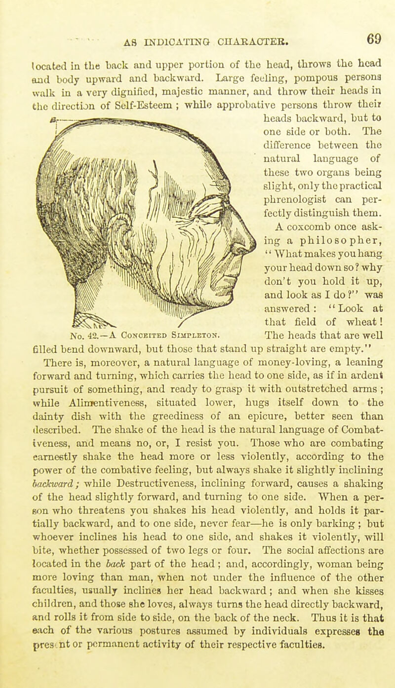 located in the back and upper portion of the head, throws the head and body upward and backward. Large feeling, pompous persona walk in a very dignified, majestic manner, and throw their heads in the direction of Self-Esteem ; while approbative persons throw their heads backward, but to one side or both. The difference between the natural language of these two organs being slight, only the practical phrenologist can per- fectly distinguish them. A coxcomb once ask- ing a philosopher, What makes you bang your head down so ? why don't you hold it up, and look as I do 1 was answered : '' Look at that field of wheat! The heads that are well 611ed bend downward, but those that stand up straight are empty. There is, moreover, a natural language of money-loving, a leaning forward and turning, which carries the head to one side, as if in ardent pursuit of something, and ready to grasp it with outstretched arms ; while Alimentiveness, situated lower, hugs itself down to the dainty dish with the greediness of an epicure, better seen than described. The shake of the head is the natural language of Combat- iveness, and means no, or, I resist you. Those who are combating earnestly shake the head more or less violently, according to the power of the combative feeling, but always shake it slightly inclining backward; wliile Destructiveness, inclining forward, causes a shaking of the head slightly forward, and turning to one side. When a per- son who threatens you shakes his head violently, and holds it par- tially backward, and to one side, never fear—he is only barking ; but whoever inclines his head to one side, and shakes it violently, will bite, whether possessed of two legs or four. The social affections are located in the back part of the head ; and, accordingly, woman being more loving than man, when not under the influence of the other faculties, usually inclines her head backward; and when she kisses children, and those she loves, always turns the head directly backward, and rolls it from side to side, on the back of the neck. Thus it is that each of the various postures assumed by individuals expresses the pres- ntor permanent activity of their respective faculties. No. 42.—A Conoeited Simpleton.