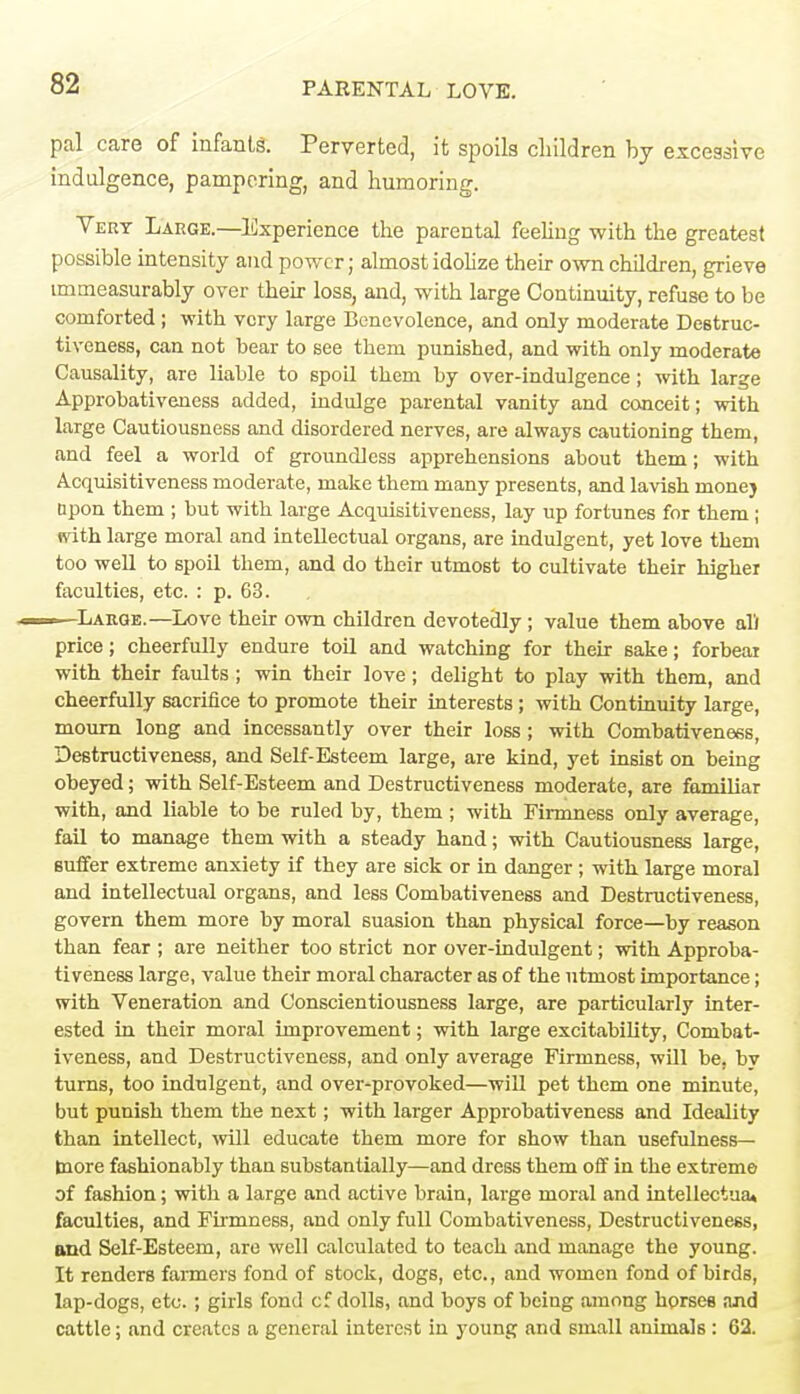 pal care of infants. Perverted, it spoils children by excessive indulgence, pampering, and humoring. Vert Large.—Experience the parental feeling with the greatest possible intensity and power; almost idolize their own children, grieve immeasurably over their loss, and, with large Continuity, refuse to be comforted; with very large Benevolence, and only moderate Destruc- tiveness, can not hear to see them punished, and with only moderate Causality, are liable to spoil them by over-indulgence; with large Approbativeness added, indulge parental vanity and conceit; with large Cautiousness and disordered nerves, are always cautioning them, and feel a world of groundless apprehensions about them; with Acquisitiveness moderate, make them many presents, and lavish monej upon them ; but with large Acquisitiveness, lay up fortunes for them; ivith large moral and intellectual organs, are indulgent, yet love them too well to spoil them, and do their utmost to cultivate their higher faculties, etc. : p. 63. —Large.—Love their own children devotedly ; value them above all price; cheerfully endure toil and watching for their sake; forbear with their faults ; win their love; delight to play with them, and cheerfully sacrifice to promote their interests; with Continuity large, mourn long and incessantly over their loss; with Combativeness, Destructiveness, and Self-Esteem large, are kind, yet insist on being obeyed; with Self-Esteem and Destructiveness moderate, are familiar with, and liable to be ruled by, them ; with Firmness only average, fail to manage them with a steady hand; with Cautiousness large, suffer extreme anxiety if they are sick or in danger ; with large moral and intellectual organs, and less Combativeness and Destructiveness, govern them more by moral suasion than physical force—by reason than fear ; are neither too strict nor over-indulgent; with Approba- tiveness large, value their moral character as of the utmost importance; with Veneration and Conscientiousness large, are particularly inter- ested in their moral improvement; with large excitability, Combat- iveness, and Destructiveness, and only average Firmness, will be, by turns, too indulgent, and over-provoked—will pet them one minute, but punish them the next; with larger Approbativeness and Ideality than intellect, will educate them more for show than usefulness— tnore fashionably than substantially—and dress them off in the extreme of fashion; witli a large and active brain, large moral and intellectua, faculties, and Firmness, and only full Combativeness, Destructiveness, and Self-Esteem, are well calculated to teach and manage the young. It renders farmers fond of stock, dogs, etc., and women fond of birds, lap-dogs, etc.; girls fond cf dolls, and hoys of being among horses and cattle; and creates a general interest in young and small animals : 62.