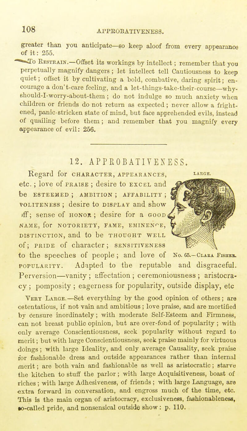 AITKOBATIVENESS. greater than you anticipate—so keep aloof from every appearance of it: 255. ^<To Restrain.—Offset its workings by intellect; remember that you perpetually magnify dangers ; let intellect tell Cautiousness to keep quiet; offset it by cultivating a bold, combative, daring spirit; en- courage a don't-care feeling, and a let-things-takc-their-course—why- 6hould-I-worry-about-them; do not indulge so much anxiety when children or friends do not return as expected; never allow a fright- ened, panic-stricken state of mind, but face approbended evils, instead of quailing before them; and remember that you magnify every appearance of evil: 256. 12. APPROBATIVEXESS. Regard for character, appearances, etc.; love of praise ; desire to excel and be ESTEEMED J AMBITION J AFFABILITY J voliteness ; desire to display and show iff; sense of honor ; desire for a good name, for notoriety, fame, eminence, distinction, and to be thought well of; pride of character; sensitiveness to the speeches of people ; and love of No. as.—Claea Fishes, popularity. Adapted to the reputable and disgraceful. Perversion—vanity ; affectation ; ceremoniousness ; aristocra- cy ; pomposity ; eagerness for popularity, outside display, etc Very Large.—Set everything by the good opinion of others; are ostentatious, if not vain and ambitious ; love praise, and are mortified by censure inordinately; with moderate Self-Esteem and Firmness, can not breast public opinion, but are over-fond of popularity ; with only average Conscientiousness, seek popularity without regard to merit; but with large Conscientiousness, seek praise mainly for virtuous doings; with large Ideality, and only average Causality, 6eek praise for fashionable dress and outside appearances rather than internal merit; are both vain and fashionable as well as aristocratic; starve the kitchen to stuff the parlor ; with large Acquisitiveness, boast of riches ; with large Adhesiveness, of friends ; with large Language, are extra forward in conversation, and engross much of the time, etc. This is the main organ of aristocracy, exclusiveness, fashionableness, •o-called pride, and nonsensical outside show : p. 110.