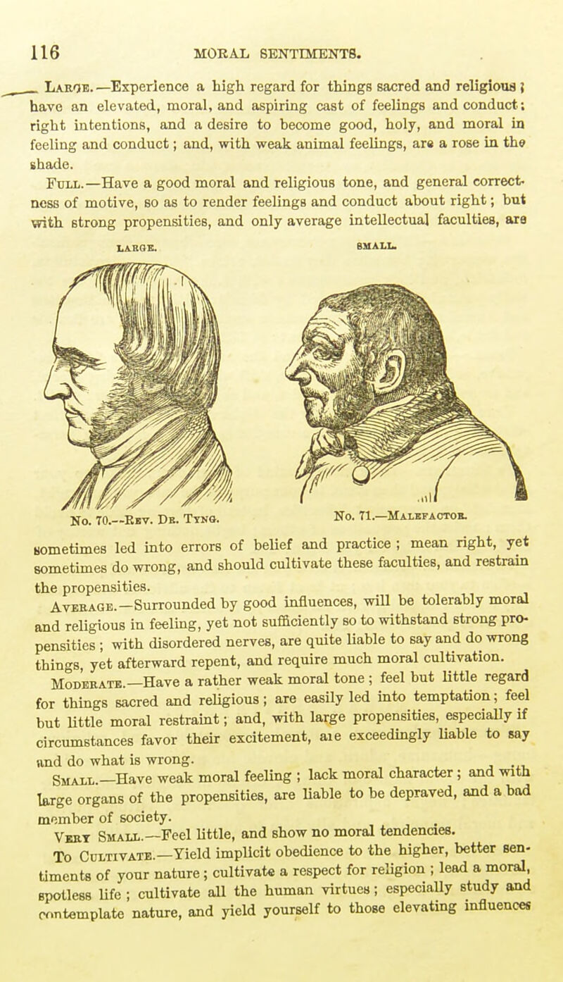 _ Lame. —Experience a high regard for things sacred and religious i have an elevated, moral, and aspiring cast of feelings and conduct; right intentions, and a desire to become good, holy, and moral in feeling and conduct; and, with weak animal feelings, are a rose in the shade. Full.—Have a good moral and religious tone, and general correct- ness of motive, so as to render feelings and conduct about right; but with 6trong propensities, and only average intellectual faculties, are LARGE. SMALL. No. TO.—Kbv. Dr. Tyng. No. 71.—Malefactor. sometimes led into errors of belief and practice ; mean right, yet sometimes do wrong, and should cultivate these faculties, and restrain the propensities. Aveeagb.—Surrounded by good influences, will be tolerably moral and religious in feeling, yet not sufficiently so to withstand strong pro- pensities ; with disordered nerves, are quite liable to say and do wrong things, yet afterward repent, and require much moral cultivation. Moderate.—Have a rather weak moral tone ; feel but little regard for things sacred and religious; are easily led into temptation; feel but little moral restraint j and, with large propensities, especially if circumstances favor their excitement, aie exceedingly liable to say and do what is wrong. Small.—Have weak moral feeling ; lack moral character; and with large organs of the propensities, are liable to be depraved, and a bad member of society. Vest Small.—Feel little, and show no moral tendencies. To Cultivate.—Yield implicit obedience to the higher, better sen- timents of your nature; cultivate a respect for religion ; lead a moral, spotless life ; cultivate all the human virtues; especially study and contemplate nature, and yield yourself to those elevating influences
