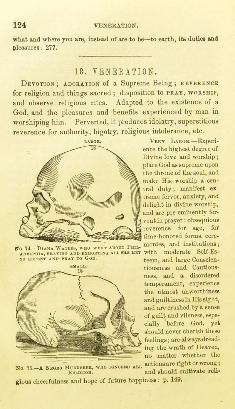 what and where you are, instead of are to be—to earth, ite duties and pleasures: 277. 18. VENERATION. Devotion ; adoration of a Supreme Being ; reverence for religion and things sacred; disposition to pray, worship, and observe religious rites. Adapted to the existence of a God, and the pleasures and benefits experienced by man in worshiping him. Perverted, it produces idolatry, superstitious reverence for authority, bigotry, religious intolerance, etc. large. Very Labqe.—Experi- ence the highest degree of Divine love and worship ; place God as supreme upon the throne of the soul, and make His worship a cen- tral duty; manifest ex treme fervor, anxiety, and delight in divine worship, and are pre-eminently fer- vent in prayer; obsequious reverence for age, for time-honored forms, cere- r> . monies, and institutions; {So. T4.— Diana Waters, who went about Phil- ... . airx^ A DELPHI A, PRAYING AND EXHORTING ALL BKE MET With moderate beit-Jl/S- to repent and PRAY to God. teem, and large Conscien- tiousness and Cautious- ness, and a disordered temperament, experience the utmost unworthiness and guiltiness in His sight, and are crushed by a sense of guilt and vileness, espe- cially before God, yet should never cherish these feelings; are always dread- ing the wrath of Heaven, no matter whether the actions are right or wrong; and should cultivate reli- gious cheerfulness and hope of future happiness : p. 149. No. 15.—A Negro Murderer, who ignored ail Religion.