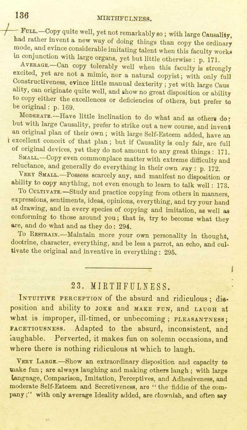 -]— Full.—Copy quite well, yet not remarkably so ; with large Causality had rather invent a new way of doing things than copy the ordinary mode, and evince considerable imitating talent when this faculty works in conjunction with large organs, yet but little otherwise : p. 171 Average. Can copy tolerably well when this faculty is strongly excited, yet are not a mimic, nor a natural copyist; with only fulJ Constructiveness, evince little manual dexterity ; yet with large Caus ahty, can originate quite well, and show no great disposition or ability to copy either the excellences or deficiencies of others, but prefer to be original: p. 169. Moderate. Have little inclination to do what and as others do ; but with large Causality, prefer to strike out a new course, and invent an original plan of their own ; with large Self-Esteem added, have an I excellent conceit of that plan; but if Causality is only fair, are full of original devices, yet they do not amount to any great things : 171. Small.—Copy even commonplace matter with extreme difficulty and reluctance, and generally do everything in their own *a,y : p. 172. Vert Small.—Possess scarcely any, and manifest no disposition or ability to copy anything, not even enough to learn to talk well: 173. To Cultivate.—Study and practice copying from others in manners, expressions, sentiments, ideas, opinions, everything, and try your hand at drawing, and in every species of copying and imitation, as well as conforming to those around you; that is, try to become what they are, and do what and as they do: 294. To Restrain.—Maintain more your own personality in thought, doctrine, oharacter, everything, and be less a parrot, an echo, and cul- tivate the original and inventive in everything: 295. J 23. MIKTHFULOSS. Intuitive perception of the absurd and ridiculous ; dis- position and ability to joke and make fun, and laugh at what is improper, ill-timed, or unbecoming; pleasantness; facetiousness. Adapted to the absurd, inconsistent, and laughable. Perverted, it makes fun on solemn occasions, and where there is nothing ridiculous at which to laugh. Vert Large.—Show an extraordinary disposition and capacity to make fun; are always laughing and making others laugh ; with large language, Comparison, Imitation, Perceptives, and Adhesiveness, and moderate Self-Esteem and Secretiveness, are  the fiddle of the com- pany ; with only average Ideality added, are clownish, and often say