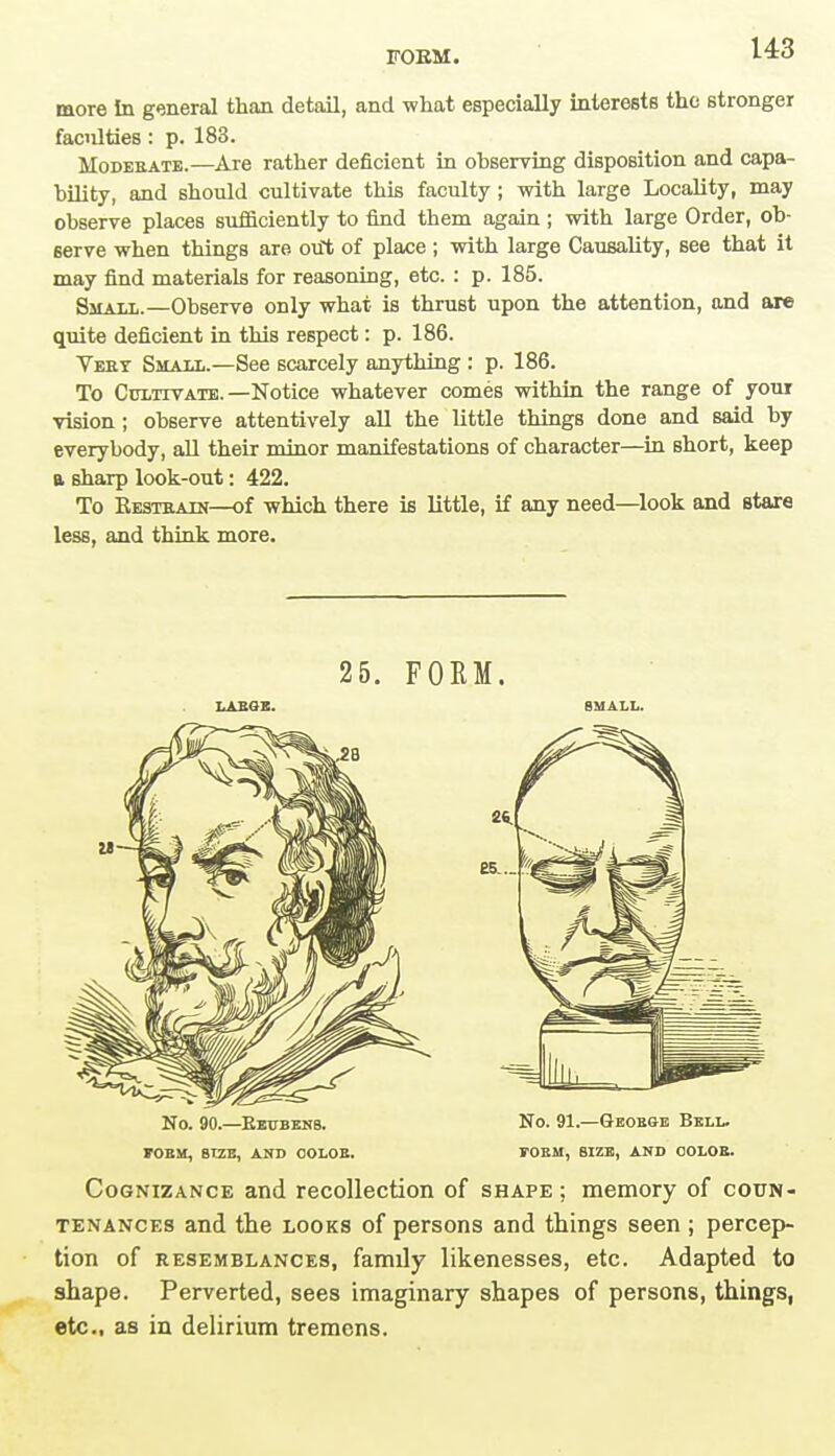 more In general than detail, and what especially interests the stronger faculties : p. 183. Moderate.—Are rather deficient in observing disposition and capa- bility, and should cultivate this faculty ; with large Locality, may observe places sufficiently to find them again ; with large Order, ob- serve when things are out of place; with large Causality, see that it may find materials for reasoning, etc. : p. 185. Small.—Observe only what is thrust upon the attention, and are quite deficient in this respect: p. 186. Vest Small.—See scarcely anything : p. 186. To Cultivate. —Notice whatever comes within the range of your vision ; observe attentively all the little things done and said by everybody, all their minor manifestations of character—in short, keep a sharp look-out: 422. To Bestbadj—of which there is little, if any need—look and stare less, and think more. 25. FORM. LABGE. SMALL. No. 90.—Ebxtbenb. No. 91.—Geobge Bell. POEM, SIZE, AND OOLOE. POEM, SIZE, AND OOLOE. Cognizance and recollection of shape ; memory of coun- tenances and the looks of persons and things seen ; percep- tion of resemblances, family likenesses, etc. Adapted to shape. Perverted, sees imaginary shapes of persons, things, etc., as in delirium tremens.