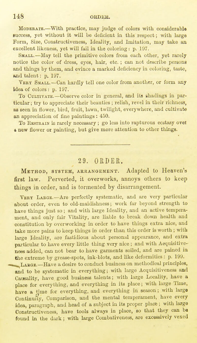 Moderate.—With practice, may judge of colors with considerable success, yet without it will be deficient in this respect; with large Form, Size, Constructiveness, Ideality, and Imitation, may take an excellent likeness, yet will fail in the coloring: p. 197. Small.—May tell the primitive colors from each other, yet rarely notice the color of dress, eyes, hair, etc. ; can not describe persons and things by them, and evince a marked deficiency in coloring, taste, and talent: p. 197. Very Small.—Can hardly tell one color from another, or form any idea of colors : p. 197. To Cultivate.—Observe color in general, and its shadings in par- ticular ; try to appreciate their beauties; relish, revel in their richness, as seen in flower, bird, fruit, lawn, twilight, everywhere, and cultivate an appreciation of fine paintings : 450. To Restrain iE rarely necessary ; go less into rapturous ecstasy ovel & new flower or painting, hut give more attention to other things. 29. ORDER. Method, system, arrangement. Adapted to Heaven's first law. Perverted, it overworks, annoys others to keep things in order, and is tormented by disarrangement. Very Large.—Are perfectly systematic, and are very particular about order, even to old-maidishness; work far beyond strength to have things just so ; and with large Ideality, and an active tempera- ment, and only fair Vitality, are liable to break down health and constitution by overworking in order to have things extra nice, and take more pains to keep things in order than this order is worth ; with large Ideality, are fastidious about personal appearance, and extra particular to have every little thing very nice ; and with Aequisitive- neee added, can not bear to have garments soiled, and are pained in the extreme by grease-spots, ink-blots, and like deformities : p. 199. ^Larqe.—Have a desire to conduct business on methodical principles, and to be systematic in everything; with large Acquisitiveness and Causality, have good business talents; with large Locality, have a place for everything, and everything in its place; with large Time, have a time for everything, and everything in season; with large Continui?y, Comparison, and the mental temperament, have every idea, paragraph, and head of a subject in its proper place; with large Constructiveness, have tools always in place, so that they can ba found in the dark; with large Combativeness, are excessively vexed