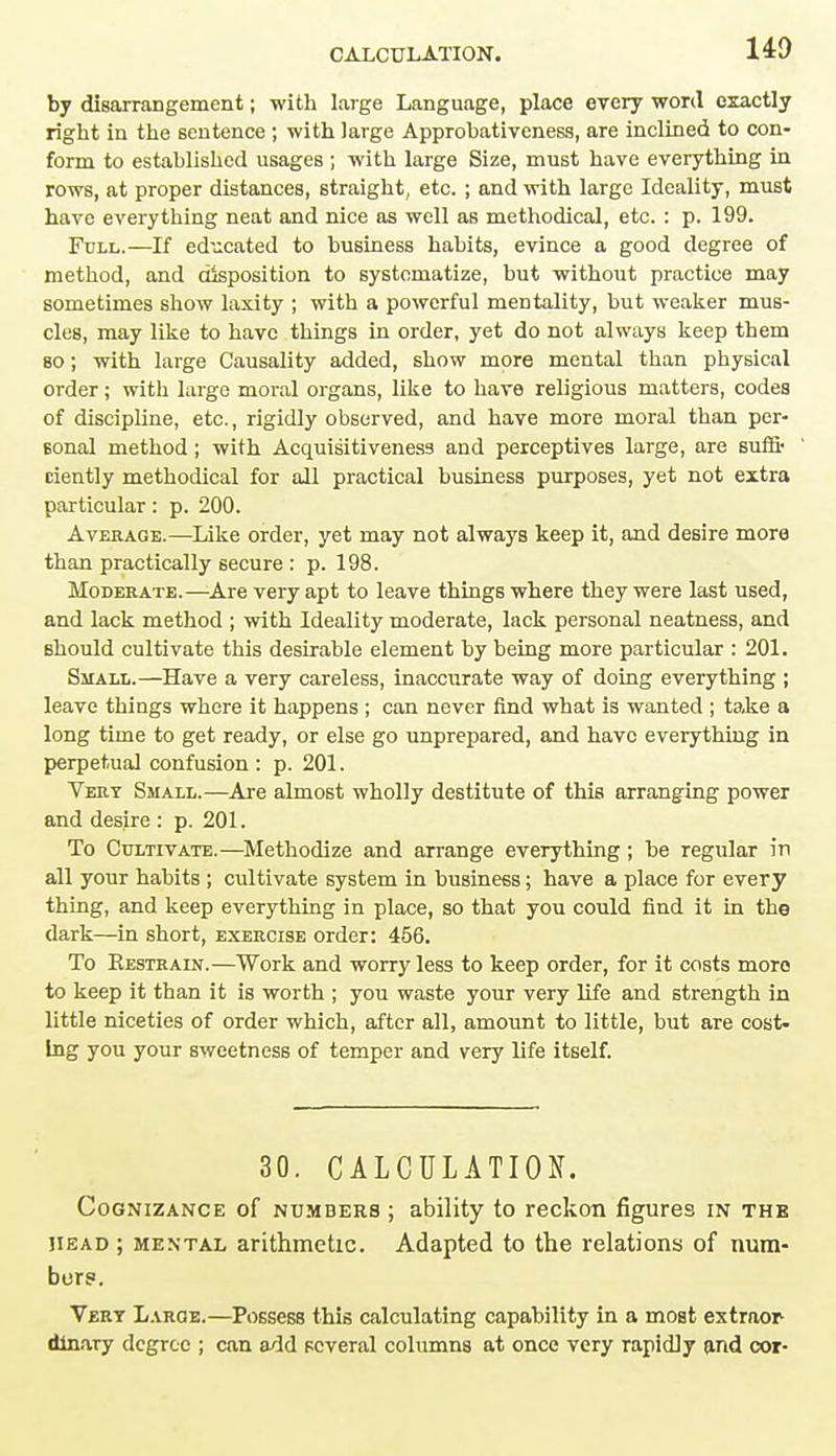 140 by disarrangement; with large Language, place every word exactly right in the sentence ; with large Approbativeness, are inclined to con- form to established usages ; with large Size, must have everything in rows, at proper distances, straight, etc. ; and with large Ideality, must have everything neat and nice as well as methodical, etc. : p. 199. Full.—If educated to business habits, evince a good degree of method, and disposition to systematize, but without practice may sometimes show laxity ; with a powerful mentality, but weaker mus- cles, may like to have things in order, yet do not always keep them so; with large Causality added, show more mental than physical order; with large moral organs, like to have religious matters, codes of discipline, etc., rigidly observed, and have more moral than per- sonal method; with Acquisitiveness and perceptives large, are suffi- ciently methodical for all practical business purposes, yet not extra particular: p. 200. Average.—Like order, yet may not always keep it, and desire more than practically secure : p. 198. Moderate.—Are very apt to leave things where they were last used, and lack method ; with Ideality moderate, lack personal neatness, and should cultivate this desirable element by being more particular : 201. Small.—Have a very careless, inaccurate way of doing everything ; leave things where it happens ; can never find what is wanted ; take a long time to get ready, or else go unprepared, and have everything in perpetual confusion : p. 201. Very Small.—Are almost wholly destitute of this arranging power and desire : p. 201. To Cultivate.—Methodize and arrange everything ; be regular in all your habits ; cultivate system in business; have a place for every thing, and keep everything in place, so that you could find it in the dark—in short, exercise order: 456. To Eestrain.—Work and worry less to keep order, for it costs more to keep it than it is worth ; you waste your very life and strength in little niceties of order which, after all, amount to little, but are cost- ing you your sweetness of temper and very life itself. 30. CALCULATION. Cognizance of numbers ; ability to reckon figures in the head ; mental arithmetic. Adapted to the relations of num- bers'. Vert Large.—Possess this calculating capability in a most extraor- dinary degree ; can add several columns at once very rapidly and cor-