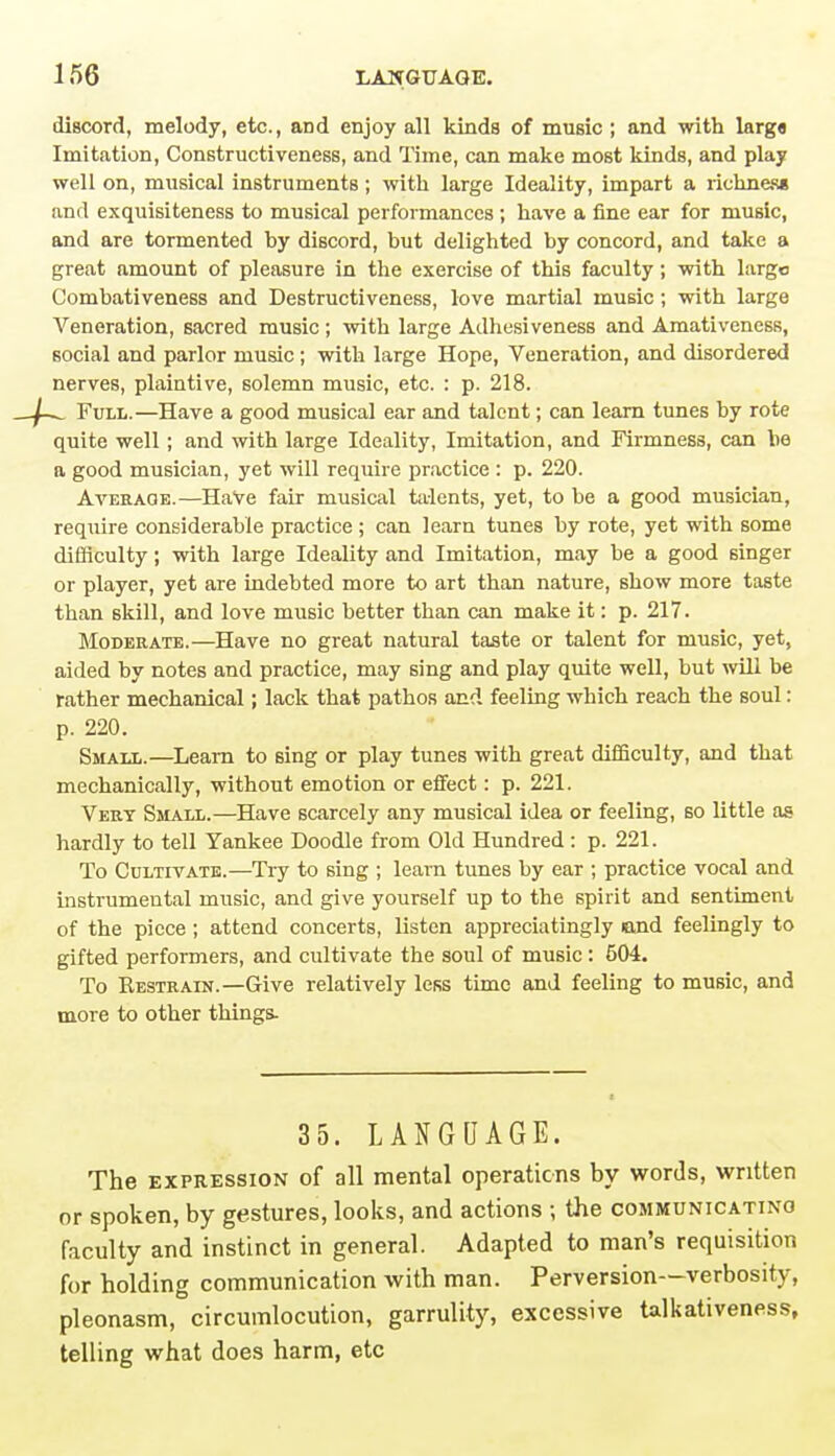 discord, melody, etc., and enjoy all kinds of music ; and with large Imitation, Constructiveness, and Time, can make most kinds, and play well on, musical instruments; with large Ideality, impart a richness and exquisiteness to musical performances ; have a fine ear for music, and are tormented hy discord, but delighted by concord, and take a great amount of pleasure in the exercise of this faculty; with largo Combativeness and Destructiveness, love martial music; with large Veneration, sacred music ; with large Adhesiveness and Amativeness, social and parlor music; with large Hope, Veneration, and disordered nerves, plaintive, solemn music, etc. : p. 218. Full.—Have a good musical ear and talent; can learn tunes by rote quite well; and with large Ideality, Imitation, and Firmness, can he a good musician, yet will require practice : p. 220. Average.—HaVe fair musical talents, yet, to be a good musician, require considerable practice ; can learn tunes by rote, yet with some difficulty; with large Ideality and Imitation, may be a good singer or player, yet are indebted more to art than nature, show more taste than skill, and love music better than can make it: p. 217. Moderate.—Have no great natural taste or talent for music, yet, aided by notes and practice, may sing and play quite well, but will be rather mechanical; lack that pathos and feeling which reach the soul: p. 220. Small.—Learn to sing or play tunes with great difficulty, and that mechanically, without emotion or effect: p. 221. Vert Small.—Have scarcely any musical idea or feeling, so little as hardly to tell Yankee Doodle from Old Hundred: p. 221. To Cultivate.—Try to sing ; learn tunes by ear ; practice vocal and instrumental music, and give yourself up to the spirit and sentiment of the piece; attend concerts, listen appreciatingly and feelingly to gifted performers, and cultivate the soul of music: 504. To Kestrain.—Give relatively less time and feeling to music, and more to other things- 35. LANGUAGE. The expression of all mental operations by words, written or spoken, by gestures, looks, and actions ; the communicating faculty and instinct in general. Adapted to man's requisition for holding communication with man. Perversion—verbosity, pleonasm, circumlocution, garrulity, excessive talkativeness, telling what does harm, etc