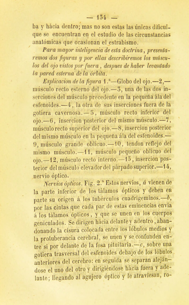 ba y hacia dentro; mas no son estas las únicas difiGuI- que se encuentran en el estudio de las circunstancias anatómicas que ocasionan el estrabismo. Para mayor inleligencia de esta doctrina, presenta- remos dos figuras y por ellas describiremos los múscu- los del ojo vistos por fuera, después de haber levantado la pared esterna dé la órbita. Esplicacion de la figura 1—Globo del ojo.—2,— músculo recto esterno del ojo.—3, una de las dos in- serciones del músculo precedente en la pequeña ála del esfenoides.—4, la otra de sus inserciones fuera de la gotiera cavernosa. —5, músculo recto inferior del ojo.—6, inserción posterior del mismo músculo.—7, músculo recto superior del ojo.—8, inserción posterior del mismo músculo en la pequeña ála del esfenoides.— 9, músculo grande oblicuo.—10, tendón reflejo del mismo músculo.—11, músculo pequeño oblicuo del ojo.—12, músculo recto interno.—13, inserción pos- terior del músculo elevador del párpado superior.—14, nervio óptico. Nervios ópticos. Fig. 2.^ Estos nervios, á vienen de la parte inferior de los tálamos ópticos y deben en parte su origen á los tubérculos cuadrigeminos.—5, por las cintas que cada par de estas eminencias envía á los tálamos ópticos, y que se unen en los cuerpos geniculados. Se dirigen hacia delante y adentro, aban-^ donando la cisura colocada entre los lóbulos medios y' la protuberancia cerebral, se unen y se confunden en-,' Ire si por delante de la fosa pituitaria.—c, sobfe una gotiera trasversal del esfenoides debajo de los lóbulos anteriores del cerebro: en seguida se separan alejan-^ dose el uno del otro y dirigiéndose hacia fuera y ade- lante; llegando al agujero óptico y le atraviesan, ro-