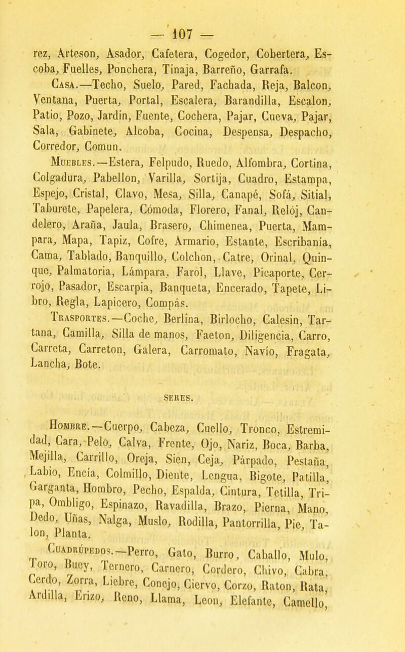 rez, Artesón^ Asador, Cafetera, Cogedor, Cobertera^ Es- coba, Fuelles, Ponchera, Tinaja, Barreño, Garrafa. Casa.—Techo, Suelo, Pared, Fachada, Reja, Balcón, Ventana, Puerta, Portal, Escalera, Barandilla, Escalón, Patio, Pozo, Jardín, Fuente, Cochera, Pajar, Cueva, Pajar, Sala, Gabinete, Alcoba, Cocina, Despensa, Despacho, Corredor, Común. MüEBLEs.—Estera, Felpudo, Ruedo, Alfombra, Cortina, Colgadura, Pabellón, Varilla, Sortija, Cuadro, Estampa, Espejo, Cristal, Clavo, Mesa, Silla, Canapé, Sofá, Sitial, Taburete, Papelera, Cómoda, Florero, Fanal, Reloj, Can- delero, Araña, Jaula, Brasero, Chimenea, Puerta, Mam- para, Mapa, Tapiz, Cofre, Armario, Estante, Escribanía, Cama, Tablado, Banquillo, Colchón, ■ Catre, Orinal, Quin- qué, Palmatoria, Lámpara, Farol, Llave, Picaporte, Cer- rojo, Pasador, Escarpia, Banqueta, Encerado, Tapete, Li- bro, Regla, Lapicero, Compás. Trasportes.—Coche, Berlina, Birlocho, Calesín, Tar- tana, Camilla, Silla de manos. Faetón, Diligencia, Carro, Carreta, Carretón, Galera, Carromato, Navio, Fragata, Lancha, Bote. SERES. Hombre.—Cuerpo, Cabeza, Cuello, Tronco, Estremi- dad. Cara, Pelo, Calva, Frente, Ojo, Nariz, Boca, Barba,i Mejilla, Carrillo, Oreja, Sien, Ceja, Párpado, Pestaña,. , Labio, Encía, Colmillo, Diente, Lengua, Bigote, Palilla^' Garganta, Hombro, Pecho, Espalda, Cintura, Tetilla, Tri- pa, Ombligo, Espinazo, Ravadílla, Brazo, Pierna, Mano Dedo, Uñas, Nalga, Muslo, Rodilla, Pantorrilla, Pie, Ta- lón, Planta. Cuadrúpedos.-Perro, Gato, Burro, Caballo, Mulo, loro, Buey, Ternero, Carnero, Cordero, Chivo, Cabra, Lerdo, Zorra, Liebre, Conejo, Ciervo, Corzo, Ratón, Rata ' Arddia, Erizo, Reno, Llama, León, Elefante, Camello