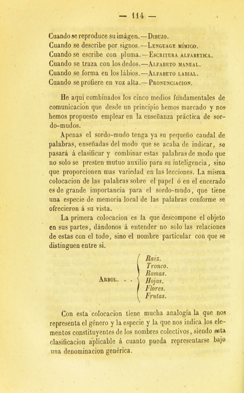 Cuando se reproduce su imagen. —Dibujo. Cuando se describe por signos.—Lengüage mímico. Cuando se escribe con pluma. —Escritura alfabética. Cuando se traza con los dedos.—Alfabkto manual. Cuando se forma en los labios.—Alfabeto labial. Cuando se profiere en voz alta.—Pronunciación. He aqui combinados los cinco medios fundamentales de comunicación que desde un principio hemos marcado y nos hemos propuesto emplear en la enseñanza práctica de sor- do-mudos. Apenas el sordo-mudo tenga ya su pequeño caudal de palabras, enseñadas del modo que se acaba de indicar, se pasará á clasificar y combinar estas palabras de modo que no solo se presten mutuo auxilio para su inteligencia, sino que proporcionen mas variedad en las lecciones. La misma colocación de las palabras sobre el papel ó en et encerado es de grande importancia para el sordo-mudo, que tiene una especie de memoria local de las palabras conforme se ofrecieron á su vista. La primera colocación es la que descompone el objeto en sus partes, dándonos á entender no solo las relaciones de estas con el todo, sino el nombre particular con que se distinguen entre si. ÍRaiz. Tronco. Bomas. Hojas. Flores. Frutas. Con esta colocación tiene mucha analogía la que nos representa el género y la especie y la que nos indica los ele- mentos constituyentes de los nombres colectivos, siendo esta clasificación aplicable á cuanto pueda representarse bajo una denominación genérica.