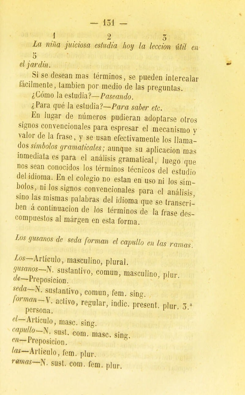 i _ 2 5 la nina juiciosa estudia hoy la lección útil en 5 el jar din. Si se desean mas términos, se pueden intercalar fácilmente, también por medio de las preguntas. ¿^ómoheslud'm?—Paseando. ¿ Para qué la estudia?~Parfl saber etc. En lugar de números pudieran adoptarse otros sjgnos convencionales para espresar el mecanismo y valor de la frase, y se usan efectivamente los llaimgi- aos símbolos gramaticales; aunque su aplicación mas inmediata es para el análisis gramatical, luego que nos sean conocidos los términos técnicos del estudio de Idioma. En el colegio no están en uso ni los sím- bolos, ni los signos convencionales para el análisis sino las mismas palabras del idioma que se Iranscri- iíen a continuación de los términos de la frase des compuestos al márgen en esta forma. los gusanos de seda forman el capullo en las ramas. Zoí—Artículo, masculino, plural. gusanos-}^, sustantivo, común, masculino, plur ««—Preposición. seda~~^, sustantivo, común, fem. sin- persTnl: í^'''- Artículo, mase, sing capullo^^, sust. com. mase. sing. ^«—Preposición, /«í—Artículo, íém. plur. rmas—^. sust. com. fem. plur.
