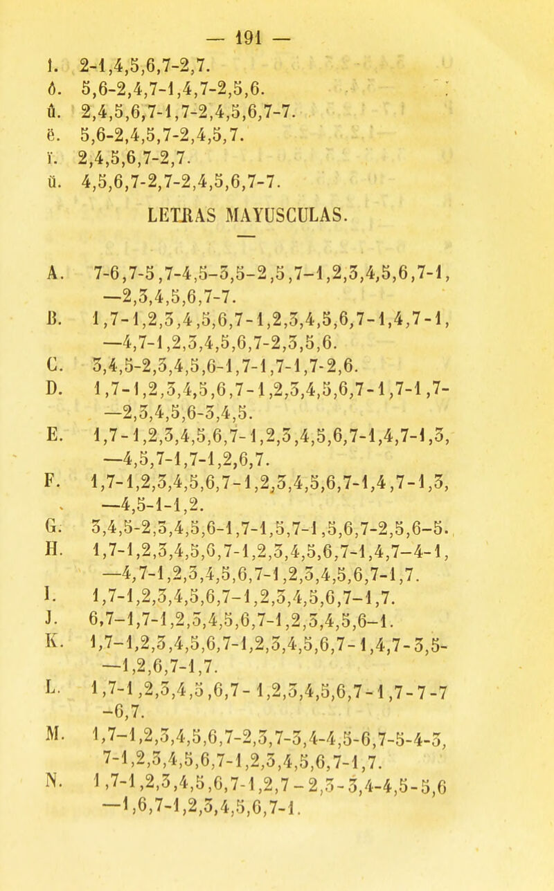 1.0,2-1,4,5,6,7-2,7. ó. 5,6-2,4,7-1,4,7-2,5,6. ú. ' 2,4,5,6,7-1,7-2,4,5,6,7-7. é. 5,6-2,4,5,7-2,4,5,7. í. 2,4,5,6,7-2,7. ü. 4,5,6,7-2,7-2,4,5,6,7-7. LETKAS MAYUSCULAS. A. 7-6,7-5,7-4,5-5,5-2,5,7-1,2,3,4,5,6,7-1, —2,3,4,5,6,7-7. B. 1,7-1,2,3,4,5,6,7-1,2,3,4,5,6,7-1,4,7-1, —4,7-1,2,3,4,5,6,7-2,3,5,6. C. 3,4,5-2,3,4,5,6-1,7-1,7-1,7-2.6. D. 1,7-1,2,3,4,5,6,7-1,2,3,4,5,6,7-1,7-1,7- -2,3,4,5,6-3,4,5. E. 1,7-1,2,3,4,5,6,7-1,2,3,4,5,6,7-1,4,7-1,3, —4,5,7-1,7-1,2,6,7. F. 1,7-1,2,3,4,5,6,7-1,2,3,4,5,6,7-1,4,7-1,3, —4,5-1-1,2. G. 3,4,5-2,3,4,5,6-1,7-1,5,7-1,5,6,7-2,5,6-5. H. 1,7-1,2,3,4,5,0,7-1,2,3,4,5,6,7-1,4,7-4-1, -4,7-1,2,3,4,5,6,7-1,2,3,4,5,6,7-1,7. I. 1,7-1,2,3,4,5,6,7-1,2,3,4,5,6,7-1,7. J. 6,7-1,7-1,2,5,4,5,6,7-1,2,3,4,5,6-1. K. 1,7-1,2,3,4,5,6,7-1,2,3,4,5,6,7-1,4,7-3,5- I 2 6 7-1 7 L. 1.7-l',2,3,4,5,6,7-1,2,3,4,5,6,7-1,7-7-7 -6,7. M. 1,7-1,2,3,4,5,6,7-2,3,7-3,4-4,5-6,7-5-4-3, 7-1,2,3,4,5,6,7-1,2,5,4,5,6,7-1,7. N. 1,7-1,2,3,4,5,6,7-1,2,7-2.3-3,4-4,5-5,6 -1,6,7-1,2,3,4,5,6,7-1.