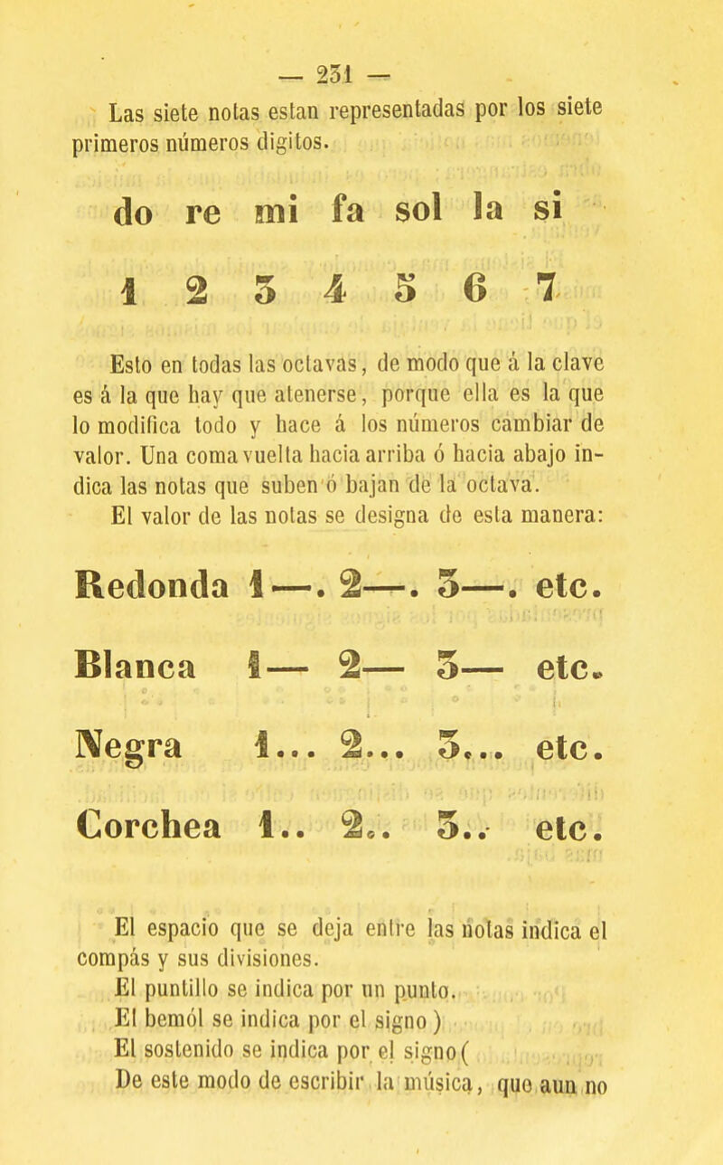 Las siete notas están representadas por los siete primeros números dígitos. do re mi fa sol la si 1 2 5 4 S 6 7 Esto en todas las octavas, de modo que á la clave es á la que hay que atenerse, porque ella es la que lo modifica lodo y hace á los números cambiar de valor. Una coma vuelta hacia arriba ó hacia abajo in- dica las notas que suben ó bajan de la octava. El valor de las notas se designa de esta manera: Redonda 1—. 2—^» 5—. etc. Blanca 1 — 2— 5— etc. Negra 1... 2* • • etc. .V». Corchea 1.. 0 • O» •' ii) elci El espacio que se deja entre las notas indica el compás y sus divisiones. El puntillo se indica por un punto. El bemol se indica por el signo) El sostenido se indica por el signo ( . De este modo de escribir,la música, que aua no