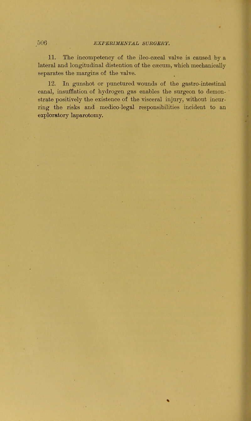 11. The incompetency of the ileo-csecal valve is caused by a lateral and longitudinal distention of the caecum, which mechanically separates the margins of the valve. 12. In gunshot or punctured wounds of the gastro-intestinal canal, insufflation of hydrogen gas enables the surgeon to demon- strate positively the existence of the visceral injury, without incur- ring the risks and medico-legal responsibilities incident to an exploratory laparotomy.