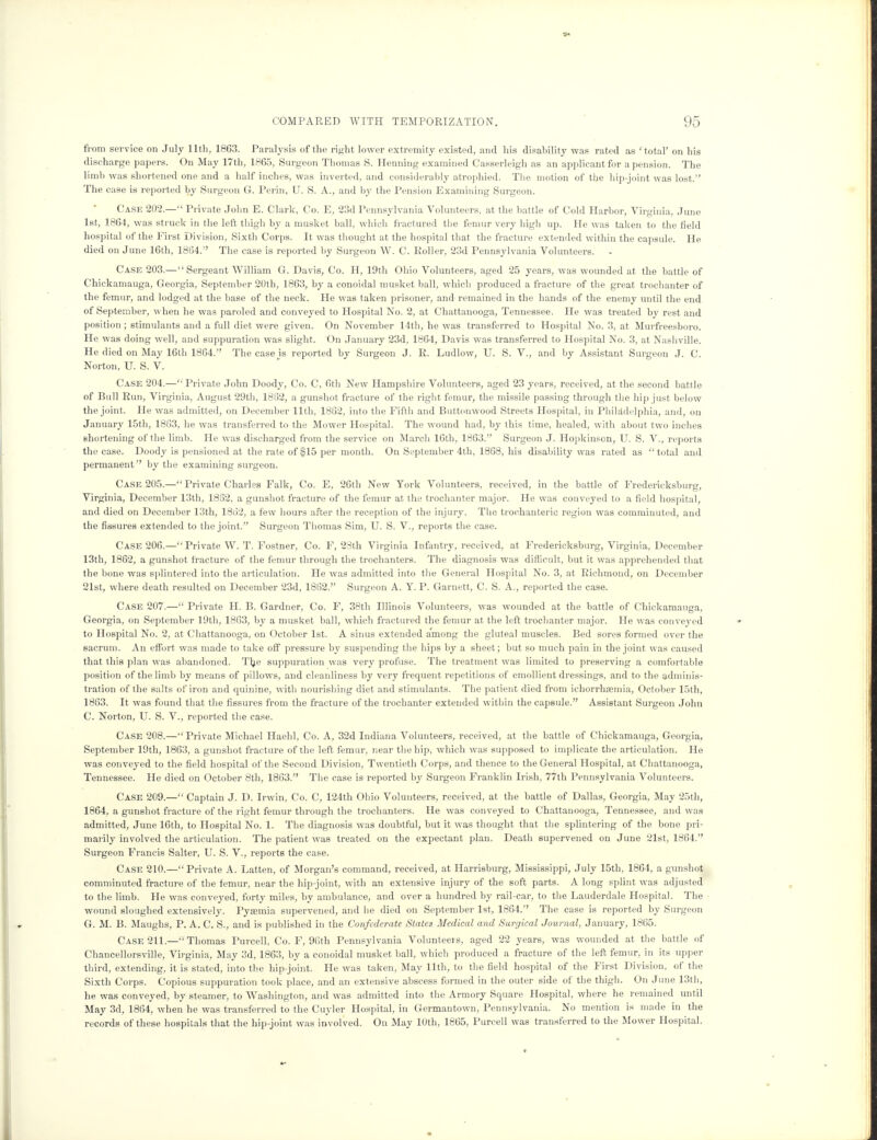 from service on July 11th, 1863. Paralysis of the right lower extremity existed, and his disability was rated as 'total' on his discharge papers. On May 17th, 1865, Surgeon Thomas S. Henning examined Casserleigh as an applicant for a pension. The limb was shortened one and a half inches, was inverted, and considerably atrophied. The motion of the hip-joint was lost. The case is reported by Surgeon G. Perin, U. S. A., and by the Pension Examining Surgeon. Case 202.— Private John E. Clark, Co. E, 23d Pennsylvania Volunteers, at the battle of Cold Harbor, Virginia. June 1st, 1864, was struck in the left thigh by a musket ball, which fractured the femur very high up. He was taken to the field hospital of the First Division, Sixth Corps. It was thought at the hospital that the fracture extended within the capsule. He died on June 16th, 1864.'' The case is reported by Surgeon W. C. Roller, 23d Pennsylvania Volunteers. Case 203.—Sergeant William G. Davis, Co. H, 19th Ohio Volunteers, aged 25 years, was wounded at the battle of Chickamauga, Georgia, September 20th, 1863, by a conoidal musket ball, which produced a fracture of the great trochanter of the femur, and lodged at the base of the neck. He was taken prisoner, and remained in the hands of the enemy until the end of September, when he was paroled and conveyed to Hospital No. 2, at Chattanooga, Tennessee. He was treated by rest and position ; stimulants and a full diet were given. On November 14th, he was transferred to Hospital No. 3, at Murfreesboro. He was doing well, and suppuration was slight. On January 23d. 1864, Davis was transferred to Hospital No. 3, at Nashville. He died on May 16th 1864. The case is reported by Surgeon J. R. Ludlow, U. S. V., and by Assistant Surgeon J. C. Norton, U. S. V. Case 204.—Private John Doody, Co. C, 6th New Hampshire Volunteers, aged 23 years, received, at the second battle of Bull Run, Virginia, August 29th, 1862, a gunshot fracture of the right femur, the missile passing through the hip just below the joint. He was admitted, on December 11th, 1862, into the Fifth and Buttonwood Streets Hospital, in Philadelphia, and, on January 15th, 1863, he was transferred to the Mower Hospital. The wound had, by this time, healed, with about two inches shortening of the limb. He was discharged from the service on March 16th, 1863. Surgeon J. Hopkinson, U. S. V., reports the case. Doody is pensioned at the rate of $15 per month. On September 4th, 1868, his disability was rated as total and permanent by the examining surgeon. Case 205.— Private Charles Falk, Co. E, 26th New York Volunteers, received, in the battle of Fredericksburg, Virginia, December 13th, 18S2, a gunshot fracture of the femur at the trochanter major. He was conveyed to a field hospital, and died on December 13th, 1862, a few hours after the reception of the injury. The trochanteric region was comminuted, and the fissures extended to the joint. Surgeon Thomas Sim, U. S. V., reports the case. Case 206.—Private W. T. Fostner, Co. F, 28th Virginia Infantry, received, at Fredericksburg, Virginia, December 13th, 1862, a gunshot fracture of the femur through the trochanters. The diagnosis was difficult, but it was apprehended that the bone was splintered into the articulation. He was admitted into the General Hospital No. 3, at Richmond, on December 21st, where death resulted on December 23d, 1862. Surgeon A. Y. P. Garnett, C. S. A., reported the case. Case 207.— Private H. B. Gardner, Co. F, 38th Illinois Volunteers, was wounded at the battle of Chickamauga, Georgia, on September 19th, 1863, by a musket ball, which fractured the femur at the left trochanter major. He was conveyed to Hospital No. 2, at Chattanooga, on October 1st. A sinus extended among the gluteal muscles. Bed sores formed over the sacrum. An effort was made to take off pressure by suspending the hips by a sheet; but so much pain in the joint was caused that this plan was abandoned. Th,e suppuration was very profuse. The treatment was limited to preserving a comfortable position of the limb by means of pillows, and cleanliness by very frequent repetitions of emollient dressings, and to the adminis- tration of the salts of iron and quinine, with nourishing diet and stimulants. The patient died from ichorrhamiia, October 15th, 1863. It was found that the fissures from the fracture of the trochanter extended within the capsule. Assistant Surgeon John C. Norton, U. S. V., reported the case. Case 208.— Private Michael Haehl, Co. A, 32d Indiana Volunteers, received, at the battle of Chickamauga, Georgia, September 19th, 1863, a gunshot fracture of the left, femur, near the hip, which was supposed to implicate the articulation. He was conveyed to the field hospital of the Second Division, Twentieth Corps, and thence to the General Hospital, at Chattanooga, Tennessee. He died on October 8th, 1863. The case is reported by Surgeon Franklin Irish, 77th Pennsylvania Volunteers. Case 209.— Captain J. D. Irwin, Co. C, 124th Ohio Volunteers, received, at the battle of Dallas, Georgia, May 25th, 1864, a gunshot fracture of the right femur through the trochanters. He was conveyed to Chattanooga, Tennessee, and was admitted, June 16th, to Hospital No. 1. The diagnosis was doubtful, but it was thought that the splintering of the bone pri- marily involved the articulation. The patient was treated on the expectant plan. Death supervened on June 21st, 1864. Surgeon Francis Salter, U. S. V., reports the case. Case 210.—Private A. Latten, of Morgan's command, received, at Harrisburg, Mississippi, July 15th, 1864, a gunshot comminuted fracture of the femur, near the hip-joint, with an extensive injury of the soft parts. A long splint was adjusted to the limb. He was conveyed, forty miles, by ambulance, and over a hundred by rail-car, to the Lauderdale Hospital. The wound sloughed extensively. Pyemia supervened, and he died on September 1st, 1864. The case is reported by Surgeon G. M. B. Maughs, P. A. C. S., and is published in the Confederate States Medical and Surgical Journal, January, 1865. Case 211.— Thomas Purcell, Co. F, 96th Pennsylvania Volunteers, aged 22 years, was wounded at the battle of Chancellorsville, Virginia, May 3d, 1863, by a conoidal musket ball, which produced a fracture of the left femur, in its upper third, extending, it is stated, into the hip-joint. He was taken, May 11th, to the field hospital of the First Division, of the Sixth Corps. Copious suppuration took place, and an extensive abscess formed in the outer side of the thigh. On June 13th, he was conveyed, by steamer, to Washington, and was admitted into the Armory Square Hospital, where he remained until May 3d, 1864, when he was transferred to the Cuyler Hospital, in Germantown, Pennsylvania. No mention is made in the records of these hospitals that the hip-joint was involved. On May 10th, 1865, Purcell was transferred to the Mower Hospital.