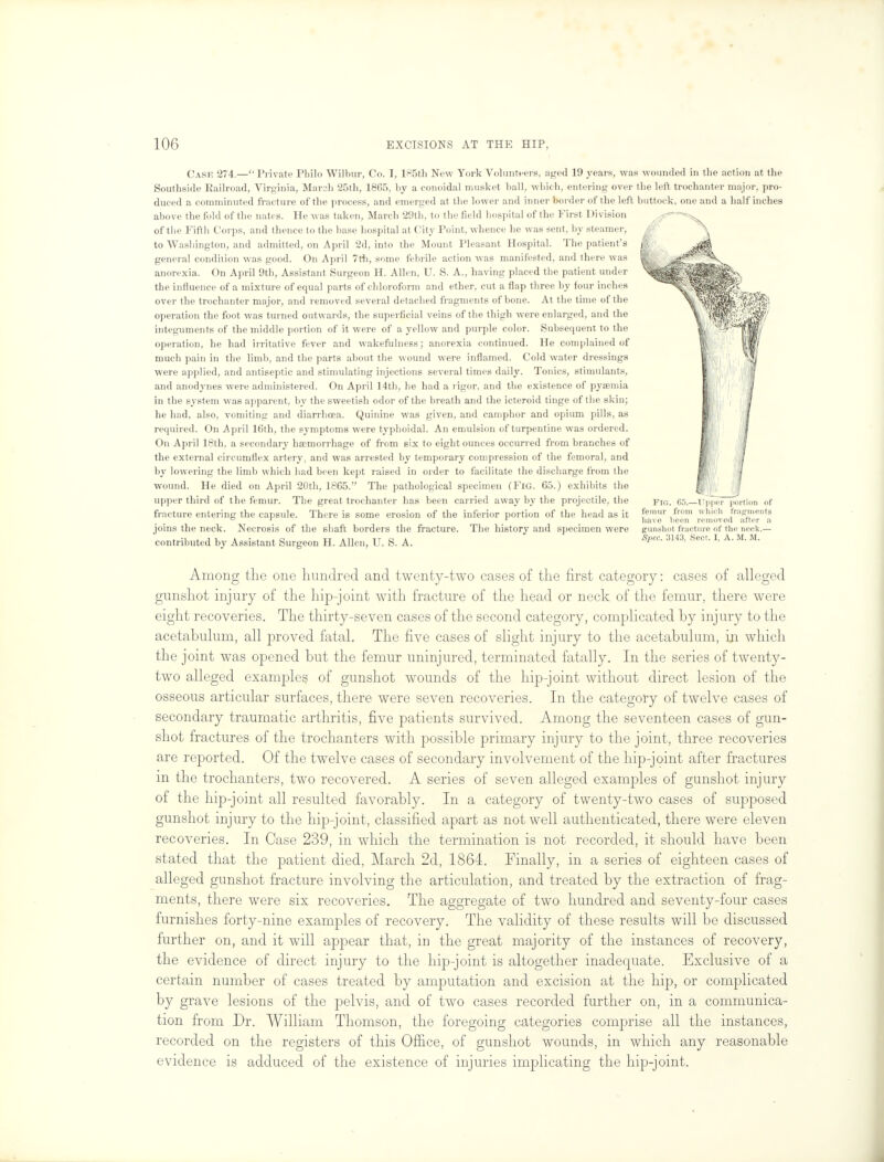 is* Case 274.— Private Pbilo Wilbur, Co. I, lS5th New York Volunteers, aged 19 years, was wounded in the action at the Southside Railroad, Virginia, March 25th, 1865, by a conoidal musket ball, which, entering over the left trochanter major, pro- duced a comminuted fracture of the process, and emerged at the lower and inner border of the left buttock, one and a half inches above the fold of the nates. He was taken, March 20th, to the field hospital of the First Division of the Fifth Corps, and thence to the base hospital at City Point, whence he was sent, by steamer, to Washington, and admitted, on April 2d, into the Mount Pleasant Hospital. The patient's general condition was good. On April 7rh, some febrile action was manifested, and there was anorexia. On April 9th, Assistant Surgeon H. Allen, U. S. A., having placed the patient under the influence of a mixture of equal parts of chloroform and ether, cut a flap three by four inches over the trochanter major, and removed several detached fragments of bone. At the time of the operation the foot was turned outwards, the superficial veins of the thigh were enlarged, and the integuments of the middle portion of it were of a yellow and purple color. Subsequent to the operation, he had irritative fever and wakefulness; anorexia continued. He complained of much pain in the limb, and the parts about the wound were inflamed. Cold water dressings were applied, and antiseptic and stimulating injections several times daily. Tonics, stimulants, and anodynes were administered. On April 14th, he had a rigor, and the existence of pyaemia in the system was apparent, by the sweetish odor of the breath and the icteroid tinge of the skin; he had, also, vomiting and diarrhoea. Quinine was given, and camphor and opium pills, as required. On April 16th, the symptoms were typhoidal. An emulsion of turpentine was ordered. On April 18th, a secondary haemorrhage of from six to eight ounces occurred from branches of the external circumflex artery, and was arrested by temporary compression of the femoral, and by lowering the limb which had been kept raised in order to facilitate the discharge from the wound. He died on April 20th, 1865. The pathological specimen (Fig. 65.) exhibits the upper third of the femur. The great trochanter has been carried away by the projectile, the fracture entering the capsule. There is some erosion of the inferior portion of the head as it joins the neck. Necrosis of the shaft borders the fracture. The history and specimen were contributed by Assistant Surgeon H. Allen, U. S. A. Fig. 65.—Upper portion of femur from which fragments have been removed after a gunshot fracture of the neck.— Spec. 3143, Sect. I, A. M. M. Among the one hundred and twenty-two cases of the first category: cases of alleged gunshot injury of the hip-joint with fracture of the head or neck of the femur, there were eight recoveries. The thirty-seven cases of the second category, complicated by injury to the acetabulum, all proved fatal. The five cases of slight injury to the acetabulum, in which the joint was opened but the femur uninjured, terminated fatally. In the series of twenty- two alleged examples of gunshot wounds of the hip-joint without direct lesion of the osseous articular surfaces, there were seven recoveries. In the category of twelve cases of secondary traumatic arthritis, five patients survived. Among the seventeen cases of gun- shot fractures of the trochanters with possible primary injury to the joint, three recoveries are reported. Of the twelve cases of secondary involvement of the hip-joint after fractures in the trochanters, two recovered. A series of seven alleged examples of gunshot injury of the hip-joint all resulted favorably. In a category of twenty-two cases of supposed gunshot injury to the hip-joint, classified apart as not well authenticated, there were eleven recoveries. In Case 239, in which the termination is not recorded, it should have been stated that the patient died, March 2d, 1864. Finally, in a series of eighteen cases of alleged gunshot fracture involving the articulation, and treated by the extraction of frag- ments, there were six recoveries. The aggregate of two hundred and seventy-four cases furnishes forty-nine examples of recovery. The validity of these results will be discussed further on, and it will appear that, in the great majority of the instances of recovery, the evidence of direct injury to the hip-joint is altogether inadequate. Exclusive of a certain number of cases treated by amputation and excision at the hip, or complicated by grave lesions of the pelvis, and of two cases recorded further on, in a communica- tion from Dr. William Thomson, the foregoing categories comprise all the instances, recorded on the registers of this Office, of gunshot wounds, in which any reasonable evidence is adduced of the existence of injuries implicating the hip-joint.