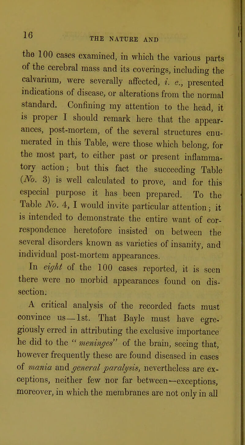 the 100 cases examined, in which the various parts of the cerebral mass and its coverings, including the calvarium, were severally affected, i. e;, presented indications of disease, or alterations from the normal standard. Confining my attention to the head, it is proper I should remark here that the appear- ances, post-mortem, of the several structures enu- merated in this Table, were those which belong, for the most part, to either past or present inflamma- tory action; but this fact the succeeding Table (No. 3) is well calculated to prove, and for this especial purpose it has been prepared. To the Table No. 4, I would invite particular attention; it is intended to demonstrate the entire want of cor- respondence heretofore insisted on between the several disorders known as varieties of insanity, and individual post-mortem appearances. In eight of the 100 cases reported, it is seen there were no morbid appearances found on dis- section. A critical analysis of the recorded facts must convince us—1st. That Bayle must have egre- giously erred in attributing the exclusive importance he did to the  meninges' of the brain, seeing that, however frequently these are found diseased in cases of mania and general paralysis, nevertheless are ex- ceptions, neither few nor far between—exceptions, moreover, in which the membranes are not only in all