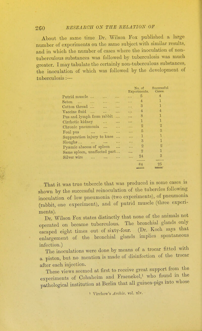 About the same time Dr. Wilson Fox published a large number of experiments on the same subject with similar results, and in which the number of cases where the inoculation of non- tuberculous substances was followed by tuberculosis was much greater. I may tabulate the certainly non-tuberculous substances, the inoculation of which was followed by the development of tuberculosis:— Putrid muscle Seton Cotton thread Vaccine fluid Pus and lymph from rahbit ... Cirrhotic kidney Chronic pneumonia Foul pus Suppuration injury to knee ... Sloughs Pyfemic abscess of spleen Same spleen, unaffected part... Silver wire No. of Successful Experiments. Cases. 5 4 4 1 3 1 4 4 8 1 1 1 2 2 5 3 1 1 3 1 2 2 2 1 ... 24 3 64 25 That it was true tubercle that was produced in some cases is shown by the successful reinoculation of the tubercles following inoculation of low pneumonia (two experiments), of pneumonia (rabbit, one experiment), and of putrid muscle (three experi- ments). Dr. Wilson Fox states distinctly that none of the animals not operated on became tuberculous. The bronchial glands only escaped eight times out of sixty-four. (Dr. Koch says that enlargement of the bronchial glands implies spontaneous infection.) . The inoculations were done by means of a trocar fitted with a piston, but no mention is made of disinfection of the trocar after each injection. These views seemed at first to receive great support from the experiments of Cohnheim and Fraenckel,i .^^o found m the pathological institution atBerUn that all guinea-pigs into whose 1 Virchow's ArcMv. vol. xlv.