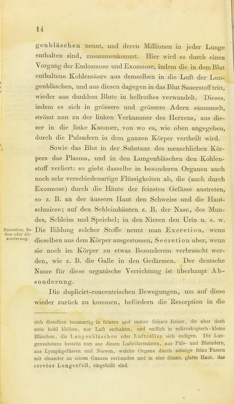 Ii genbläschen nennt, und deren Millionen in jeder Lunge enthalten sind, zusammenkommt. Hier wird es durch einen Vorgang der Endosmose und Exosmose, indem die in dem Blut enthaltene Kohlensäure aus demselben in die Luft der Lun- genbläschen, und aus diesen dagegen in das Blut Sauerstoff'tritt, wieder aus dunklem Blute in hellrothes verwandelt. Dieses, indem es sich in grössere und grössere Adern sammmelt, strömt nun zu der linken Vorkammer des Herzens, aus die- ser in die linke Kammer, von wo es, wie oben angegeben, durch die Pulsadern in dem ganzen Körper vertheilt wird. Sowie das Blut in der Substanz des menschlichen Kör- pers das Plasma, und in den Lungenbläschen den Kohlen- stoff verliert: so giebt dasselbe in besonderen Organen auch noch sehr verschiedenartige Flüssigkeiten ab, die (auch durch Exosmose) durch die Häute der feinsten Gefässe austreten, so z. B. an der äussern Haut den Schweiss und die Haut- schmiere; auf den Schleimhäuten z. B. der Nase, des Mun- des, Schleim und Speichel; in den Nieren den Urin u. s. w. Excrotion, se-Die Bildung solcher Stoffe nennt man Excretion, wenn tion oder Ab- sonderung. dieselben aus dem Körper ausgestossen, Secretion aber, wenn sie noch im Körper zu etwas Besonderem verbraucht wer- den, wie z. B. die Galle in den Gedärmen. Der deutsche Name für diese organische Verrichtung ist überhaupt Ab- sonderung. Die duplicirt-concentrischen Bewegungen, um auf diese wieder zurück zu kommen, befördern die Resorption in die sich dieselben baumartig in feinere und immer feinere Reiser, die aber doch stets hohl bleiben, nur Luft enthalten, und endlich in mikroskopisch - kleine Bläschen, die Lungenbläschen oder Luftzellen sich endigen. Die Lun- gensubstanz bestellt nun aus diesen Luftrührenästen, aus Puls- und Blutadern, aus Lymphgefässen und Nerven, welche Organe durch sehnige feine Fasern mit einander zu einem Ganzen verbunden und in eine dünne, glatte Haut, das servöse Lungenfell, eingehüllt sind.
