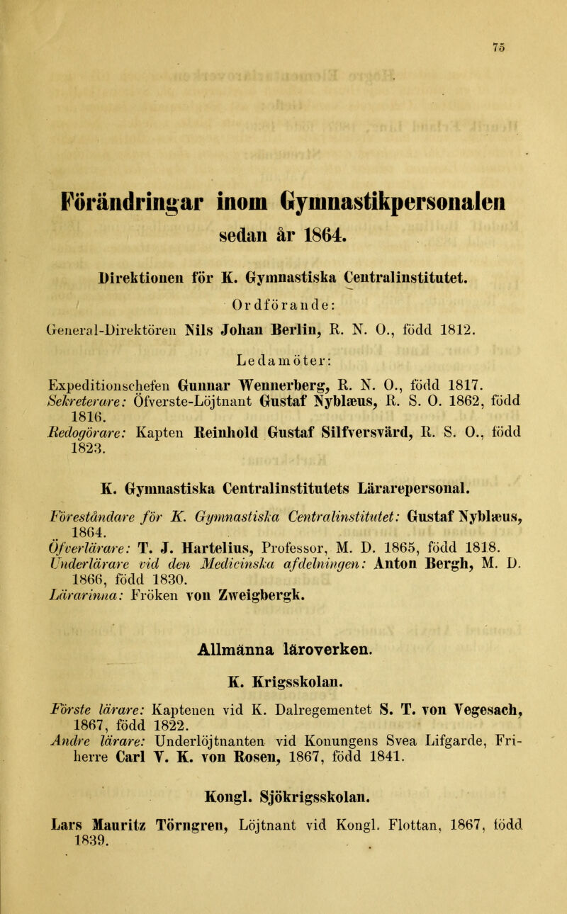 Förändringar inom Gymnastikpersonalen sedan år 1864. Direktionen för K. Gymnastiska Centralinstitutet. Ordförande: General-Direktören Nils Johan Berlin, R. N. O., född 1812. Ledamöter: Expeditionschefen Gfunnar Wennerberg, R. N. O., född 1817. Sekreterare: Öfverste-Löjtnant Gustaf Nyblaeus, R. S. O. 1862, född 1816. liedofförare: Kapten Reinhold Gustaf Silfversvärd, R. S. O., född 1823. K. Gymnastiska Centralinstitutets Lärarepersonal. Föreståndare för K. Gymnastislia Centralinstitutet: Gustaf Nyblyeus, 1864. Öfverlärare: T. J. Hartelius, Professor, M. D. 1865, född 1818. Uuderlärare vid den Medicinsha af delningen: Anton Bergh, M. D. 1866, född 1830. Lärarinna: Fröken von Zweigbergk. Allmänna läroverken. K. Krigsskolan. Förste lärare: Kaptenen vid K. Dalregementet S. T. von Vegesach, 1867, född 1822. Andre lärare: Underlöjtnanten vid Konungens Svea Lifgarde, Fri- herre Carl Y. K. von Rosen, 1867, född 1841. Kougl. Sjökrigsskolan. Lars Mauritz Törngren, Löjtnant vid Kongl. Flottan, 1867, född 1839.