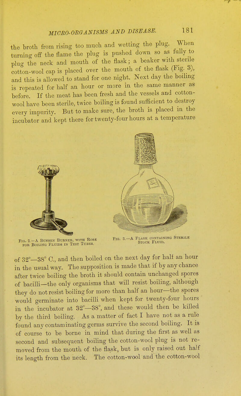 nr MICRO-ORGANISMS AND DISEASE. 181 the broth from rising too much and wetting the plug. When turnino- off the flame the plug is pushed down so as fully to plua the neck and mouth of the flask; a beaker with sterile cotton-wool cap is placed over the mouth of the flask (Fig 3), and this is allowed to stand for one night. Next day the boiling is repeated for half an hour or more in the same manner as before. If the meat has been fresh and the vessels and cotton- wool have been sterile, twice boiling is found sufficient to destroy every impurity. But to make sure, the broth is placed m the incubator and kept there for twenty-four hours at a temperature Fig. 2.—A Bunsen Burner, with Bose for Boiling Fluids in Test Tubes. Fig. 3.—A Flask containing Sterile Stock Fluid. of 32°—38° C, and then boiled on the next day for half an hour in the usual way. The supposition is made that if by any chance after twice boiling the broth it should contain unchanged spores of bacilli—the only organisms that will resist boiling, although they do not resist boiling for more than half an hour—the spores would germinate into bacilli when kept for twenty-four hours in the incubator at 32—38°, and these would then be killed by the third boiling. As a matter of fact I have not as a rule found any contaminating germs survive the second boiling. It is of course to be borne in mind that during the first as well as second and subsequent boiling the cotton-wool plug is not re- moved from the mouth of the flask, but is only raised out half its length from the neck. The cotton-wool and the cotton-wool