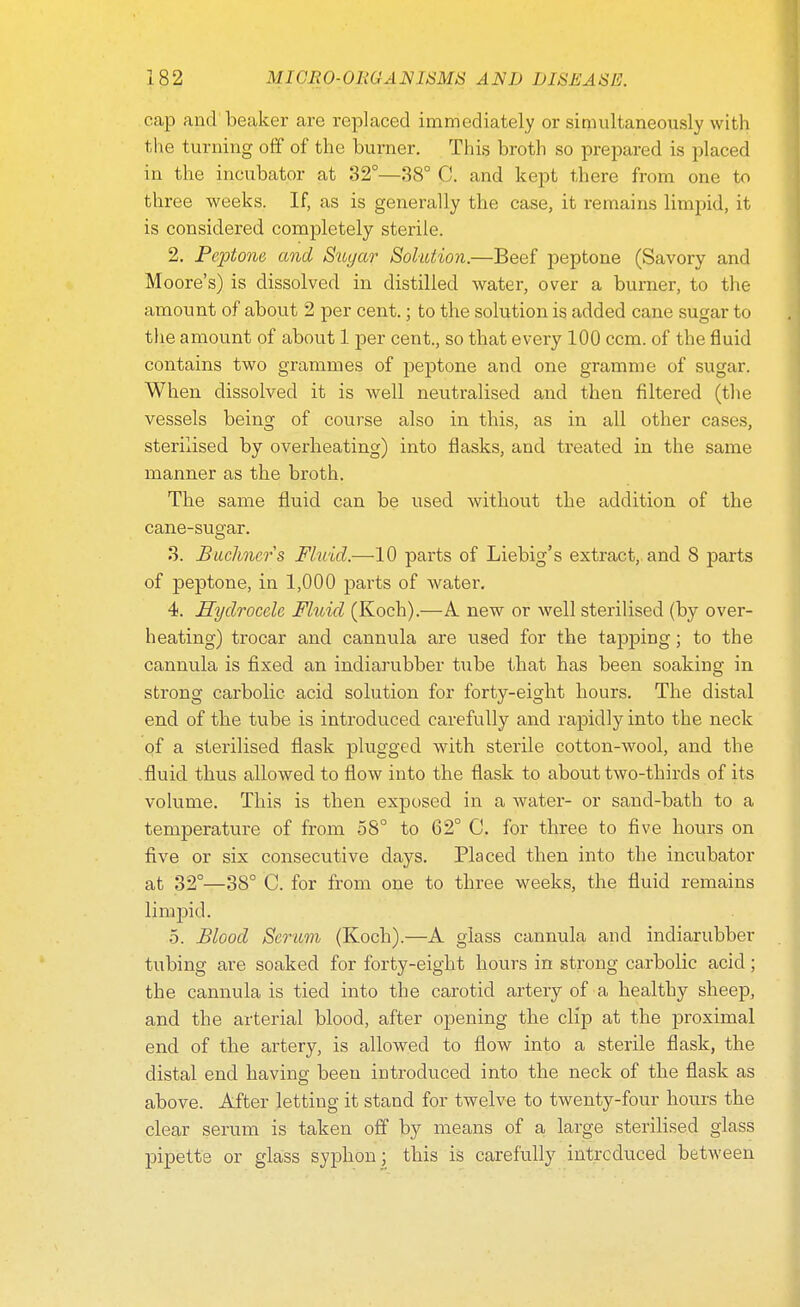 cap and beaker are replaced immediately or simultaneously with the turning off of the burner. This broth so prepared is placed in the incubator at 32°—38° C. and kept there from one to three weeks. If, as is generally the case, it remains limpid, it is considered completely sterile. 2. Peptone and Sugar Solution.—Beef peptone (Savory and Moore's) is dissolved in distilled water, over a burner, to the amount of about 2 per cent.; to the solution is added cane sugar to the amount of about 1 per cent., so that every 100 ccm. of the fluid contains two grammes of peptone and one gramme of sugar. When dissolved it is well neutralised and then filtered (the vessels being of course also in this, as in all other cases, sterilised by overheating) into flasks, and treated in the same manner as the broth. The same fluid can be used without the addition of the cane-sugar. 3. Buchners Fluid.-—-10 parts of Liebig's extract, and 8 parts of peptone, in 1,000 parts of water. 4. Hydrocele Fluid (Koch).—A new or well sterilised (by over- heating) trocar and cannula are used for the tapping; to the cannula is fixed an indiarubber tube that has been soaking in strong carbolic acid solution for forty-eight hours. The distal end of the tube is introduced carefully and rapidly into the neck of a sterilised flask plugged with sterile cotton-wool, and the .fluid thus allowed to flow into the flask to about two-thirds of its volume. This is then exposed in a water- or sand-bath to a temperature of from 58° to 62° C. for three to five hours on five or six consecutive days. Placed then into the incubator at 32°—38° C. for from one to three weeks, the fluid remains limpid. 5. Blood Serum (Koch).—A glass cannula and indiarubber tubing are soaked for forty-eight hours in strong carbolic acid; the cannula is tied into the carotid artery of a healthy sheep, and the arterial blood, after opening the clip at the proximal end of the artery, is allowed to flow into a sterile flask, the distal end having been introduced into the neck of the flask as above. After letting it stand for twelve to twenty-four hours the clear serum is taken off by means of a large sterilised glass pipette or glass syphon; this is carefully introduced between