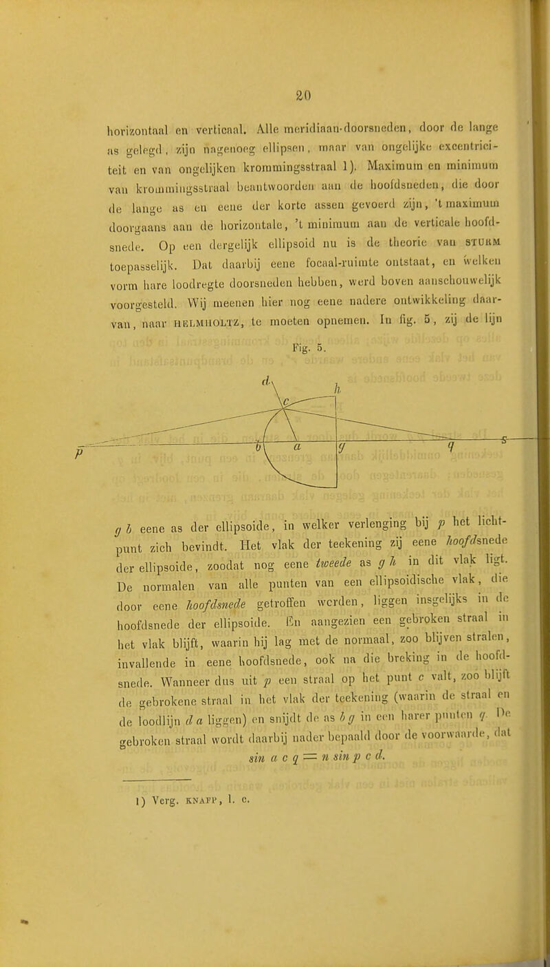 horizontaiil fin verticnal. A.lle movidiaan-doorsneden, door de lange as gelegd , zijn nagenoeg ellipsen , maar van ongelijke excentrici- teit en van ongelijken krommingsstraal 1). Maximum en minimum vau krommingsstraal beantwoorden aan de liooldsuedeu, die door de lange as en eene der korte asseu gevoerd zijn, *t maximum doorgaans aan de horizontale, 't minimum aan de verticale liooi'd- snede. Op een dergelijk ellipsoid nu is de theorie vau sïUkm toepasselijk. Dat daarbij eene focaal-ruimte ontstaat, en welken vorm hare loodregte doorsneden hebben, werd boven aanschouwelijk voorgesteld. Wij meenen hier nog eene nadere ontwikkeling daar- van, naar helmuoltz, te moeten opnemen. In fig. 5, zij de lijn Fig. 5. g h eene as der ellipsoïde, in welker verlenging bij f het licht- punt zich bevindt. Het vlak der teekening zij eene ]iOof(hx^e<^e. derellipsoide, zoodat nog eene tweede as gh in dit vlak ligt. De normalen van alle punten van een ellipsoidische vlak, die door eene hoofdsnede getroffen werden, liggen insgelijks in de hoofdsnede der ellipsoide. En aangezien een gebroken straal in het vlak blijft, waarin hij lag met de normaal, zoo blijven stralen, invallende in eene hoofdsnede, ook na die breking in de hoofd- snede. Wanneer dus uit p een straal op het punt c valt, zoo blijft de gebrokene straal in het vlak der teekening (waarin de straal en de loodlijn ligiion) en snijdt de as hg in een harer punten q. i>c gebroken straal wordt daarbij nader bepaald (toor de voorwaarde, <lat sin a c q — n sin p c d. 1) Verg. KNAi'i', 1. c. I