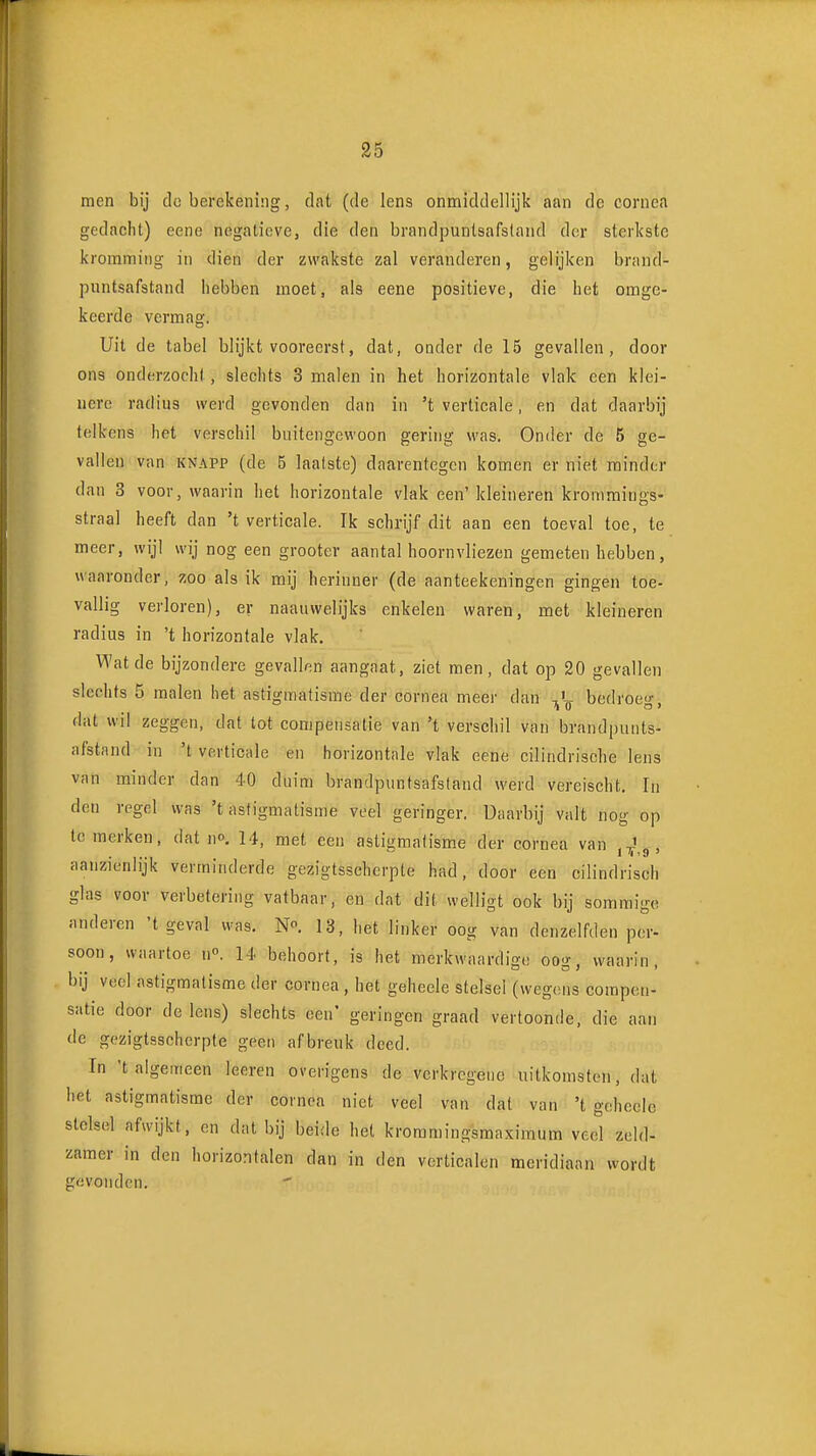 men bij do berekening, dat (de lens onmiddellijk aan de cornea gedacht) eene negaticvCj die den brandpuntsafstand dor sterkste kromming in dien der zwakste zal veranderen, gelijken brand- puntsafstand hebben moet, als eene positieve, die het omge- keerde vermag. Uit de tabel blijkt vooreerst, dat, ouder de 15 gevallen, door ons onderzocht, slechts 3 malen in het horizontale vlak een klei- nere radius werd gevonden dan in 't verticale, en dat daarbij telkens het verschil buitengewoon gering was. Onder de 5 ge- vallen van KNAPP (de 5 laalste) daarentegen komen er niet minder dan 3 voor, waarin het horizontale vlak een' kleineren kronimings- straal heeft dan 't verticale. Ik schrijf dit aan een toeval toe, te meer, wijl wij nog een grooter aantal hoornvliezen gemeten hebben, waaronder, zoo als ik mij herinner (de aanteekeningen gingen toe- vallig verloren), er naauwelijks enkelen waren, met kleineren radius in 't horizontale vlak. Wat de bijzondere gevallen aangaat, ziet men, dat op 20 gevallen slechts 5 malen het astigmatisme der cornea meer dan ,L bedroe»- (hit wil zeggen, dat tot compensatie van 't verschil van brandpunts- afstand in 't verticale en horizontale vlak eene cilindrische lens van minder dan 40 duim brandpuntsafstand werd vereischt. In den regel was 't astigmatisme veel geringer. Daarbij valt nog op te merken, dat no, 14, met een astigmatisme der cornea van ,^^^3 , aanzienlijk verminderde gezigtssehcrpte had, door een cilindrisch glas voor verbetering vatbaar, en dat dit welligt ook bij sommige anderen 't geval was. 13, het linker oog van denzelfden per- soon, waartoe n°. 14 behoort, is het merkwaardige oosï. waarin, bij veel astigmatisme der cornea, het geheele stelsel (wegens compen- satie door de lens) slechts een' geringen graad vertoonde, die aan de gezigtssehcrpte geen afbreuk deed. In 't algemeen leeren overigens de vcrkrcgenc uitkomsten, dat het astigmatisme der cornea niet veel van dat van 't geheele stelsel afwijkt, en dat bij beide hel krommingsmaximum veel zeld- zamer in den horizontalen dan in den verticalen meridiaan wordt gevonden.