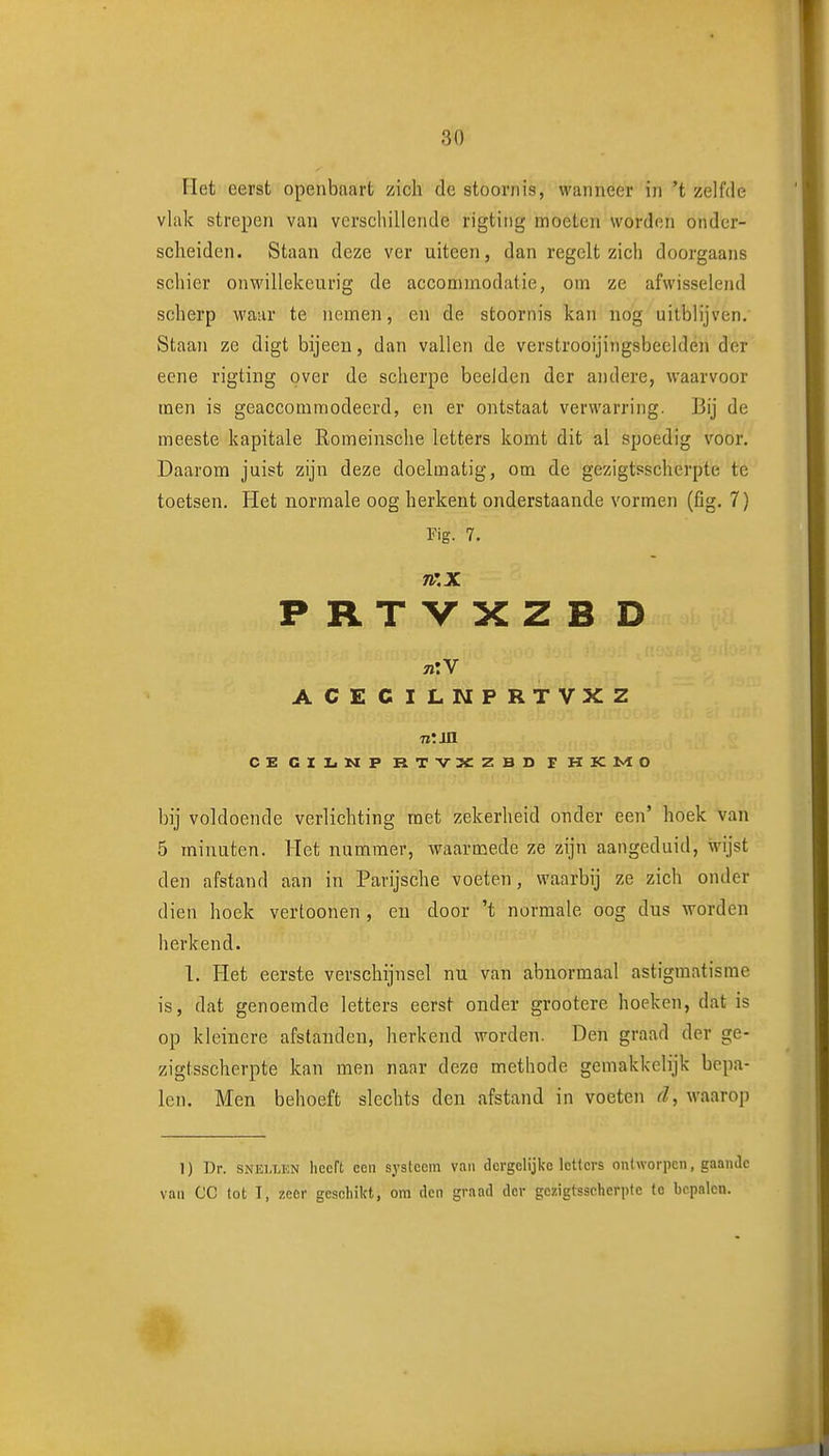 Flet eerst openbaart zich de stoornis, wanneer in 't zelfde vlak strepen van verschillende rigtiiig moeten worden onder- scheiden. Staan deze ver uiteen, dan regelt zich doorgaans schier onMnllekeurig de accommodatie, om ze afwisselend scherp waar te nemen, en de stoornis kan nog uitblijven. Staan ze digt bijeen, dan vallen de verstrooijiiigsbeelden der eene rigting over de scherpe beelden der andere, waarvoor men is geaccommodeerd, en er ontstaat verwarring. Bij de meeste kapitale Romeinsche letters komt dit al spoedig voor. Daarom juist zijn deze doelmatig, om de gezigtsscherpte te toetsen. Het normale oog herkent onderstaande vormen (fig. 7) Fig. 7. Tff.X PRTVXZB D ACECILNPRTVXZ TltJJl CE GZIjNF RTVXZBD r HKMO bij voldoende verlichting met zekerheid onder een' hoek van 5 minuten. Het nummer, waarmede ze zijn aangeduid, wijst den afstand aan in Parijsche voeten, waarbij ze zich onder dien hoek vertoonen , en door 't normale oog dus worden herkend. 1. Het eerste verschijnsel nu van abnormaal astigraatisme is, dat genoemde letters eerst onder grootere hoeken, dat is op kleinere afstanden, herkend worden. Den graad der ge- zigtsscherpte kan men naar deze methode gemakkelijk bepa- len. Men behoeft slechts den afstand in voeten d, waarop 1) Dr. SNEi.LKN hccrt ceii systeem van dergelijke letters ontworpen, gaande van CC lot I, zeer geschikt, ora den graad der gezigtsscherpte te bepalen.