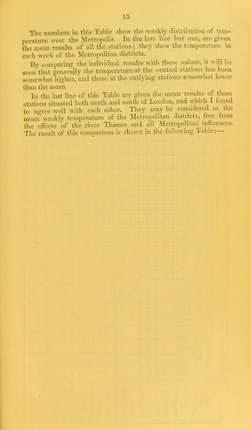 The numbers in this Table show the weekly distribution of tem- perature over the Metropolis. In the last line but one, are given the mean results of all the stations ; they show the temperature in each week of the Metropolitan districts. By comparing the individual results with these values, it will be seen that o-enerally the temperature at the central stations has been somewhat higher, and those at the outlying stations somewhat lower than the mean. In the last line of this Table are given the mean results of those stations situated both north and south of London, and which I found to ao-reewell with each other. They maybe considered as the mean weekly temperature of the Metropolitan districts, free from the eifects of the river Thames and all Metropolitan influences. The result of this comparison is shown in the following Table:—