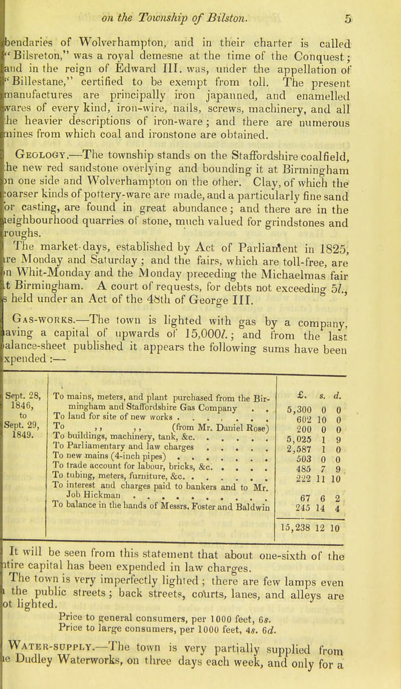 jendaries of Wolverhampton, and in their charter is called 'Bilsreton, was a royal demesne at the time of the Conquest; and in tlie reign of Edward HI. was, under the appellation of 'Billestane, certified to be exempt from toll. The present manufactures are principally iron japanned, and enamelled yares of every kind, iron-wire, nails, screws, machinery, and all he heavier descriptions of iron-ware; and there are numerous nines from which coal and ironstone are obtained. Geology.—The township stands on the Staffordshire coalfield, ,he new red sandstone overlying and bounding it at Birmingham )n one side and Wolverhampton on the other. Clay, of which the !oarser kinds of pottery-ware are made, and a particularly fine sand or casting, are found in great abundance; and there are in the leighbourhood quarries of stone, much valued for grindstones and roughs. The market-days, established by Act of ParlianSent in 1825, re Monday and Saturday ; and the fairs, which are toll-free, are n Whit-Monday and the Monday preceding the Michaelmas fair t Birmingham. A court of requests, for debts not exceeding 5/., ^ held under an Act of the 48th of George III. ' Gas-works.—The town is lighted with gas by a company, aving a capital of upwards of 15,000/.; and from the last alance-sheet pubUshed it appears the following sums have been xpended :— Sept. 28, 1846, to Sept. 29, 1849. To mains, meters, and plant purchased from the Bir- mingham and Staflbrdshire Gas Company . . To laud for site of new works To _ _ ,, ,, (from Mr. Daniel Rose) To buildings, machinery, tank, &c To Parliamentary and law charges To new mains (4-inch pipes) To (rade account for labour, bricks, &c To tubing, meters, furniture, &c To interest and charges paid to bankers and to Mr. Job Hickman To balance in the hands of Messrs. Foster and *Baldwin It will be seen from this statement that about one-sixth of the itire capital has been expended in law charges. The town is very imperfectly lighted ; there are few lamps even the public streets; back streets, colirts, lanes, and alleys are ot lighted. Price to general consumers, per 1000 feet, 6*. Price to large consumers, per 1000 feet, 4s. 6d. Water-supply.—The town is very partially supplied from le Dudley Waterworks, on three days each week, and only for a £. s. d. 5,300 0 0 602 10 0 200 0 0 5,025 1 9 2,587 1 0 503 0 0 485 7 9 , 222 11 10 67 6 2 245 14 4 15,238 12 10