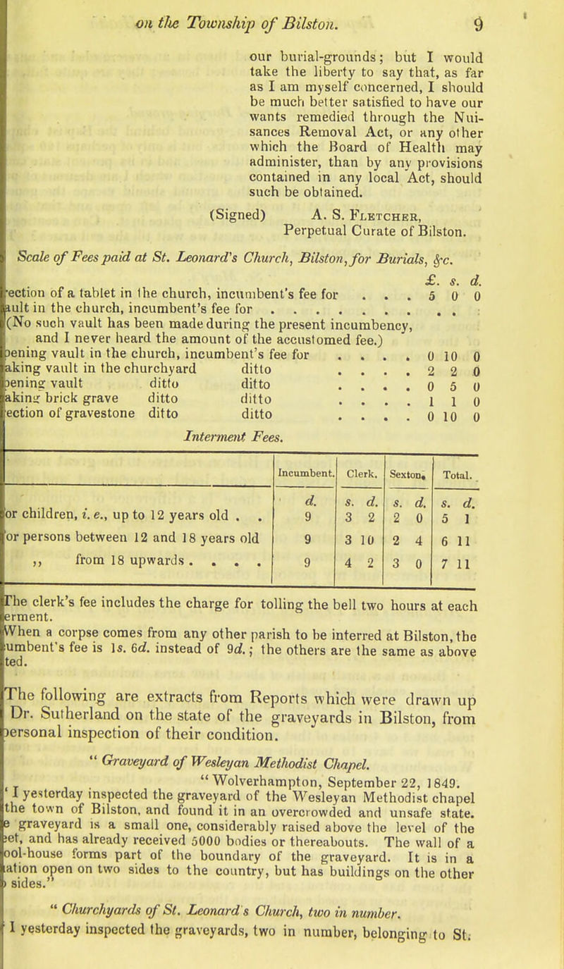 our burial-grounds; but I would take the liberty to say that, as far as I am myself concerned, I should be much better satisfied to have our wants remedied through the Nui- sances Removal Act, or any other which the Board of Health may administer, than by any provisions contained in any local Act, should such be obtained. (Signed) A. S. Fletcher, Perpetual Curate of Bilston. Scale of Fees paid at St. Leonard's Church, Bilston, for Burials, Sfc. £. ection of a tablet in the church, incumbent's fee for ... 5 lult in the church, incumbent's fee for (No such vault has been made during the present incumbency, and I never heard the amount of the accustomed fee.) )ening vault in the church, incumbent's fee for aking vault in the churchyard ditto )ening vault ditto ditto akinir brick grave ditto ditto ection of gravestone ditto ditto Interment Fees. s. 0 10 2 5 1 10 d. 0 Incumbent. Clerk. Sexton* Total. or children, i. e., up to 12 years old . . d. 9 s. d. 3 2 s. d. 2 0 s. d. 5 1 or persons between 12 and 18 years old 9 3 10 2 4 6 11 9 4 2 3 0 7 11 erment. IVhen a corpse comes from any other parish to be interred at Bilston, the umbent's fee is Is. 6c?. instead of 9rf.; the others are the same as above ted. The following are extracts from Reports which were drawn up Dr. Sutherland on the state of the graveyards in Bilston, from )ersonal inspection of their condition.  Graveyard of Wesleyan Methodist Chapel. Wolverhampton, September 22, 1849. 1 yesterday inspected the graveyard of the Wesleyan Methodist chapel the town of Bilston, and found it in an overcrowded and unsafe state. B graveyard is a small one, considerably raised above the level of the ;et, and has already received 5000 bodies or thereabouts. The wall of a ool-house forms part of the boundary of the graveyard. It is in a ation open on two sides to the country, but has buildings on the other » sides.  Churchyards of St. Leonard s Church, two in number. I yesterday inspected the graveyards, two in number, belonging to St;