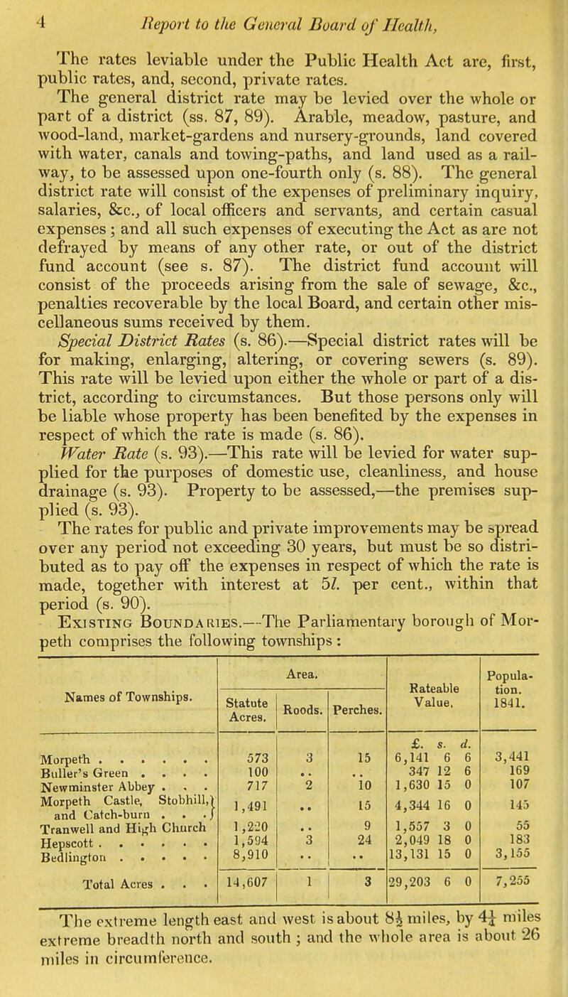 The rates leviable under the Public Health Act are, first, public rates, and, second, private rates. The general district rate may be levied over the whole or part of a district (ss. 87, 89). Arable, meadow, pasture, and wood-land, market-gardens and nursery-grounds, land covered with water, canals and towing-paths, and land used as a rail- way, to be assessed upon one-fourth only (s. 88). The general district rate will consist of the expenses of preliminary inquiry, salaries, &c, of local officers and servants, and certain casual expenses ; and all such expenses of executing the Act as are not defrayed by means of any other rate, or out of the district fund account (see s. 87). The district fund account will consist of the proceeds arising from the sale of sewage, &c, penalties recoverable by the local Board, and certain other mis- cellaneous sums received by them. Special District Rates (s. 86).—Special district rates will be for making, enlarging, altering, or covering sewers (s. 89). This rate will be levied upon either the whole or part of a dis- trict, according to circumstances. But those persons only will be liable whose property has been benefited by the expenses in respect of which the rate is made (s. 86). Water Rate (s. 93).—This rate will be levied for water sup- plied for the purposes of domestic use, cleanliness, and house drainage (s. 93). Property to be assessed,—the premises sup- plied (s. 93). The rates for public and private improvements may be spread over any period not exceeding 30 years, but must be so distri- buted as to pay off the expenses in respect of which the rate is made, together with interest at 51. per cent., within that period (s. 90). Existing Boundaries.—The Parliamentary borough of Mor- peth comprises the following townships : Area. Rateable Value, Popula- tion. 1841. Names of Townships. Statute Roods. Perches. Acres. Buller's Green .... Newminster Abbey . Morpeth Castle, Stobhill,) and Catch-bum . . . / Tranwell and Hitfh Church 573 100 717 1,491 1,220 1,594 8,910 3 • • 2 • • • • 3 15 'io 15 9 24 • • £. s. d. 6,141 6 6 347 12 6 1,630 15 0 4,344 16 0 1,557 3 0 2,049 18 0 13,131 15 0 3,441 169 107 145 55 183 3,155 Total Acres . . . 14,607 1 3 29,203 6 0 7,255 J. lie extreme ieu^m caoi. uuu .uuwui. ~j -4 extreme breadth north and south ; and the whole area is about 26 miles in circumference.