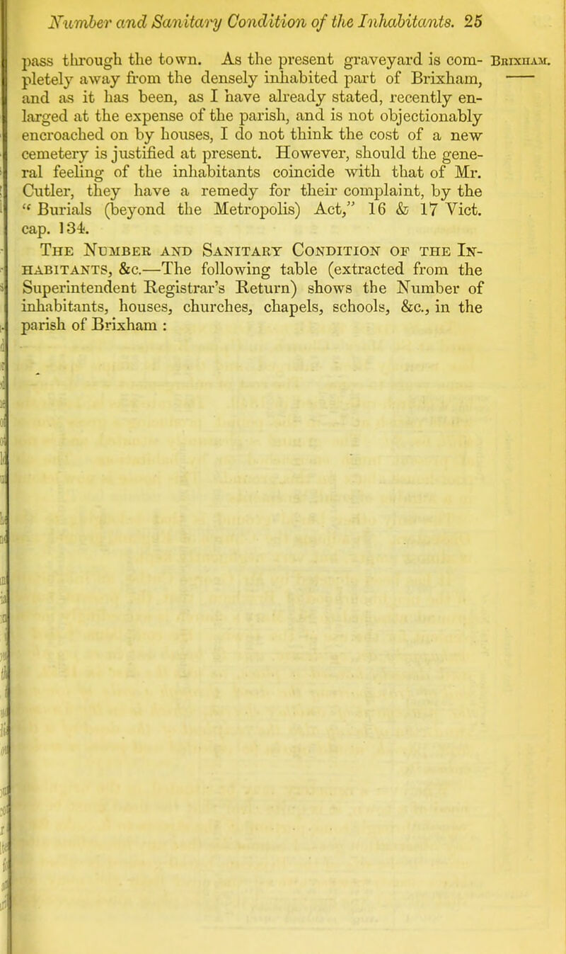 pass through the town. As the present graveyard is com- Bmxiiam. pletely away from the densely inhabited part of Brixham, and as it has been, as I have already stated, recently en- larged at the expense of the parish, and is not objectionably encroached on by houses, I do not think the cost of a new cemetery is justified at present. However, should the gene- ral feeling of the inhabitants coincide with that of Mr. Cutler, they have a remedy for their complaint, by the P. Burials (beyond the Metropolis) Act, 16 & 17 Vict, cap. 134). The Number and Sanitary Condition of the In- habitants, &c.—The following table (extracted from the Superintendent Registrar's Return) shows the Number of inhabitants, houses, churches, chapels, schools, &c, in the parish of Brixham :