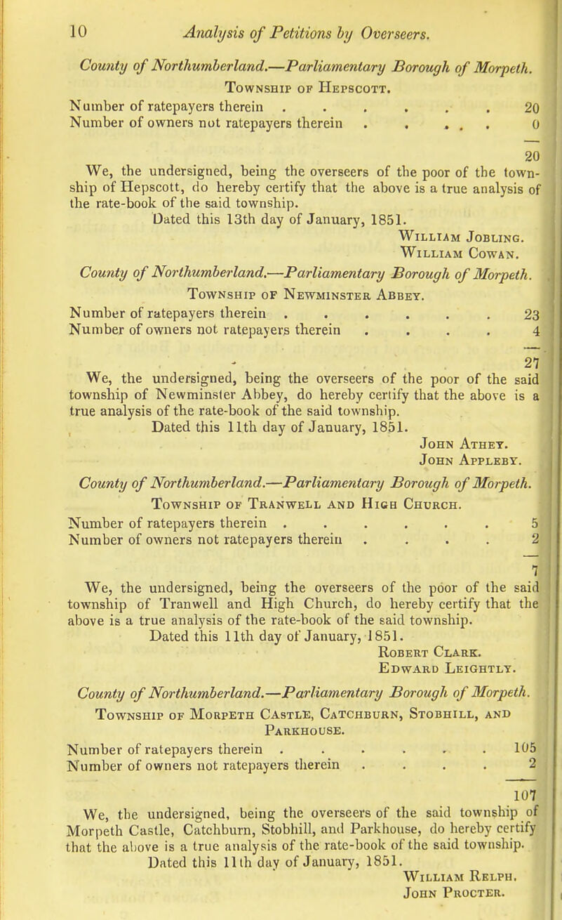 10 Analysis of Petitions by Overseers. County of Northumberland.—Parliamentary Borough of Morpeth. Township of Hepscott. Number of ratepayers therein ...... 20 Number of owners not ratepayers therein . . ... 0 20 We, the undersigned, being the overseers of the poor of the town- ship of Hepscott, do hereby certify that the above is a true analysis of the rate-book of the said township. Dated this 13th day of January, 1851. William Jobling. William Cowan. County of Northumberland.—Parliamentary Borough of Morpeth. Township of Newminster Abbey. Number of ratepayers therein ...... 23 Number of owners not ratepayers therein .... 4 ' . • • 27 We, the undersigned, being the overseers of the poor of the said township of Newminsler Abbey, do hereby certify that the above is a true analysis of the rate-book of the said township. Dated this 11th day of January, 1851. John Athet. John Appleby. County of Northumberland.—Parliamentary Borough of Morpeth. Township of Tranwell and High Church. Number of ratepayers therein ...... 5 Number of owners not ratepayers therein .... 2 V\ J We, the undersigned, being the overseers of the poor of the said township of Tranwell and High Church, do hereby certify that the above is a true analysis of the rate-book of the said township. Dated this 11th day of January, 1851. Robert Clark. Edward Leightly County of Northumberland.—Parliamentary Borough of Morpeth. Township of Morpeth Castle, Catchburn, Stobhill, and Parkhouse. Number of ratepayers therein . . . . . .105 Number of owners not ratepayers therein .... 2 107 We, the undersigned, being the overseers of the said township of Morpeth Castle, Catchburn, Stobhill, and Parkhouse, do hereby certify that the above is a true analysis of the rate-book of the said township. Dated this 11th day of January, 1851. William Relph. John Procter.