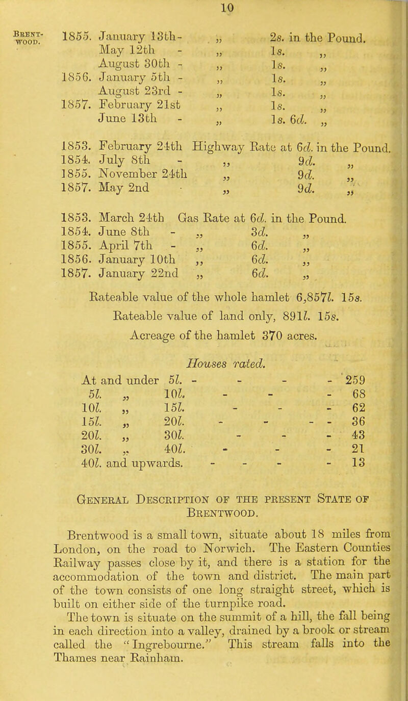 Brent- wood. 1855. January 13th- May 12 th August 30tli - I So 6. January 5 th - August 23rd - 1857. February 21st June 13th 2s. in the Pound. Is. Is. Is. Is. Is. Is. 6d. 1853. February 21th Highway Rate at 6<i in the Pound 1854 July 8th - „ U. 1855. November 24th „ 9d. „ 1857. May 2nd „ 9d. 1853. March 21th Gas Rate at 6d. in the Pound. 1854 June 8th - „ Sd. 1855. April 7th - „ 6d. 1856. January 10th 6d. 1857. January 22nd „ 6d. 8511. 15s. Rateable value of the whole hamlet 6 Rateable value of land only, 8911. 15s Acreage of the hamlet 370 acres. Houses rated. At and under 51. 51 101. 151 201 301. 101. 151. 201. 301. 401. 4<0l. and upwards. 259 68 62 36 43 21 13 General Description of the present State of Brentwood. Brentwood is a small town, situate about 18 miles from London, on the road to Norwich. The Eastern Counties Railway passes close by it, and there is a station for the accommodation of the town and district. The main part of the town consists of one long straight street, which is built on either side of the turnpike road. The town is situate on the summit of a hill, the fall being in each direction into a valley, drained by a brook or stream called the  Ingrebourne. This stream falls into the Thames near Rainham.