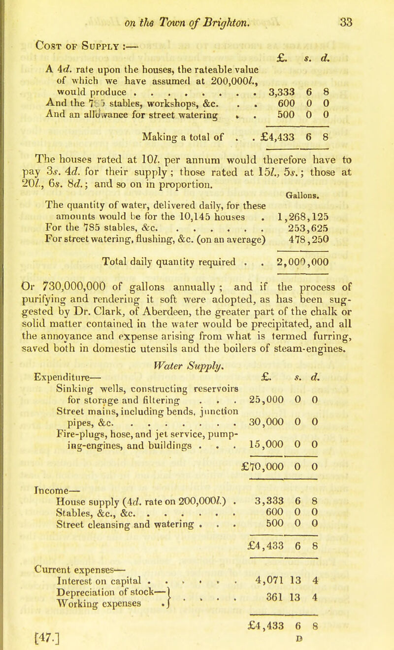 Cost of Supply :—■ £. s. d. A Ad. rate upon the houses, the rateable value of which we have assumed at 200,000/., would produce 3,333 6 8 And the j stables, workshops, &c. . . 600 0 0 And an allu.vance for street watering » . 500 0 0 Making a total of . . £4,433 6 8 The houses rated at lOZ. per annum would therefore have to pay 3*. 4.d. for their supply; those rated at 15/., 5 ; those at 20/., 6s. Hd.; and so on in proportion. Gallons. The quantity of water, delivered daily, for these amounts would be for the 10,145 houses . 1,268,125 For the 785 stables, &c 253,625 For street watering, flushing, &c. (on an average) 478,250 Total daily quantity required . . 2,000,000 Or 730,000,000 of gallons annually ; and if the process of purifying and rendering it soft were adopted, as has been sug- gested by Dr. Clark, of Aberdeen, the greater part of the chalk or solid matter contained in the water would be precipitated, and all the annoyance and expense arising from what is termed furring, saved both in domestic utensils and the boilers of steam-engines. Water Supply. Expenditure— £. s. d. Sinking wells, constructing reservoirs for storage and filtering . . . 25,000 0 0 Street mains, including bends, junction pipes, &c 30,000 0 0 Fire-plugs, hose, and jet service, pump- ing-engines, and buildings . . . 15,000 0 0 £70,000 0 0 Income— House supply (4c/. rate on 200,000/.) . 3,333 6 8 Stables, &c., &c 600 0 0 Street cleansing and watering . . . 500 0 0 £4,433 6 8 Current expenses- Interest on capital 4,071 13 4 Depreciation of stock-} .... 361 13 4 Working expenses .J £4,433 6 8 [47.] D