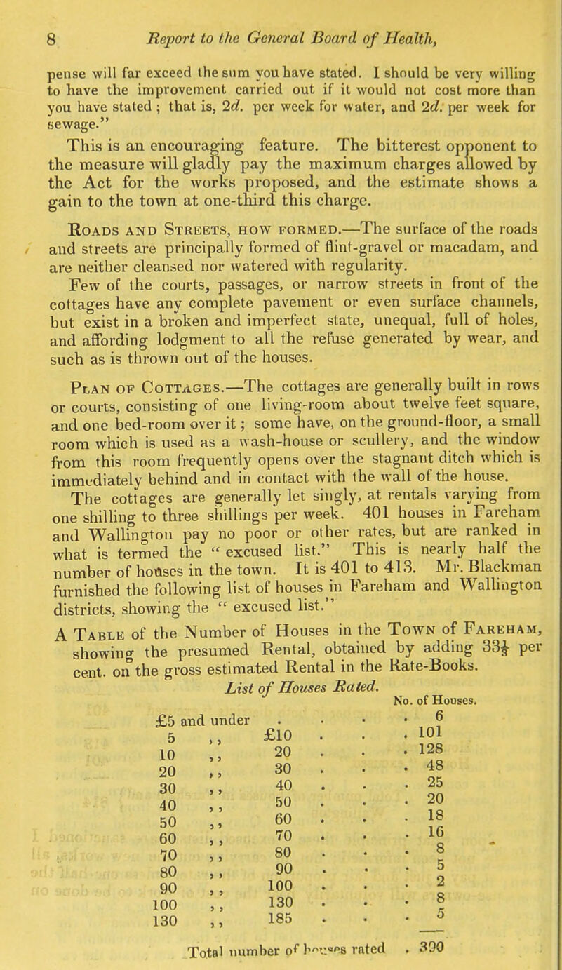 pense will far exceed the sum you have stated. I should be very willing to have the improvement carried out if it would not cost more than you have stated ; that is, 2d. per week for water, and 2d. per week for sewage. This is an encouraging feature. The bitterest opponent to the measure will gladly pay the maximum charges allowed by the Act for the works proposed, and the estimate shows a gain to the town at one-third this charge. Roads and Streets, how formed.—The surface of the roads and streets are principally formed of flint-gravel or macadam, and are neither cleansed nor watered with regularity. Few of the courts, passages, or narrow streets in front of the cottages have any complete pavement or even surface channels, but exist in a broken and imperfect state, unequal, full of holes, and affording lodgment to all the refuse generated by wear, and such as is thrown out of the houses. Pr,AN of Cottages.—The cottages are generally built in rows or courts, consisting of one living-room about twelve feet square, and one bed-room over it; some have, on the ground-floor, a small room which is used as a wash-house or scullery, and the window from this room frequently opens over the stagnant ditch which is immediately behind and in contact with the wall of the house. The cottages are generally let singly, at rentals varying from one shilling to three shillings per week. 401 houses in Fareham and Wallington pay no poor or other rates, but are ranked in what is termed the excused list. This is nearly half the number of houses in the town. It is 401 to 413. Mr. Blackman furnished the following list of houses m Fareham and Wallington districts, showing the excused list. A Table of the Number of Houses in the Town of Fareham, showing the presumed Rental, obtained by adding 33£ per cent, on the gross estimated Rental in the Rate-Books. List of Houses Rated. No. of Houses. £5 and under 5 £io 10 20 20 30 30 40 40 50 50 60 60 70 10 80 80 90 90 , , 100 100 ,, 130 130 185 6 101 128 48 25 20 18 16 8 5 2 8 5 Total number of b\:«»& rated . 390