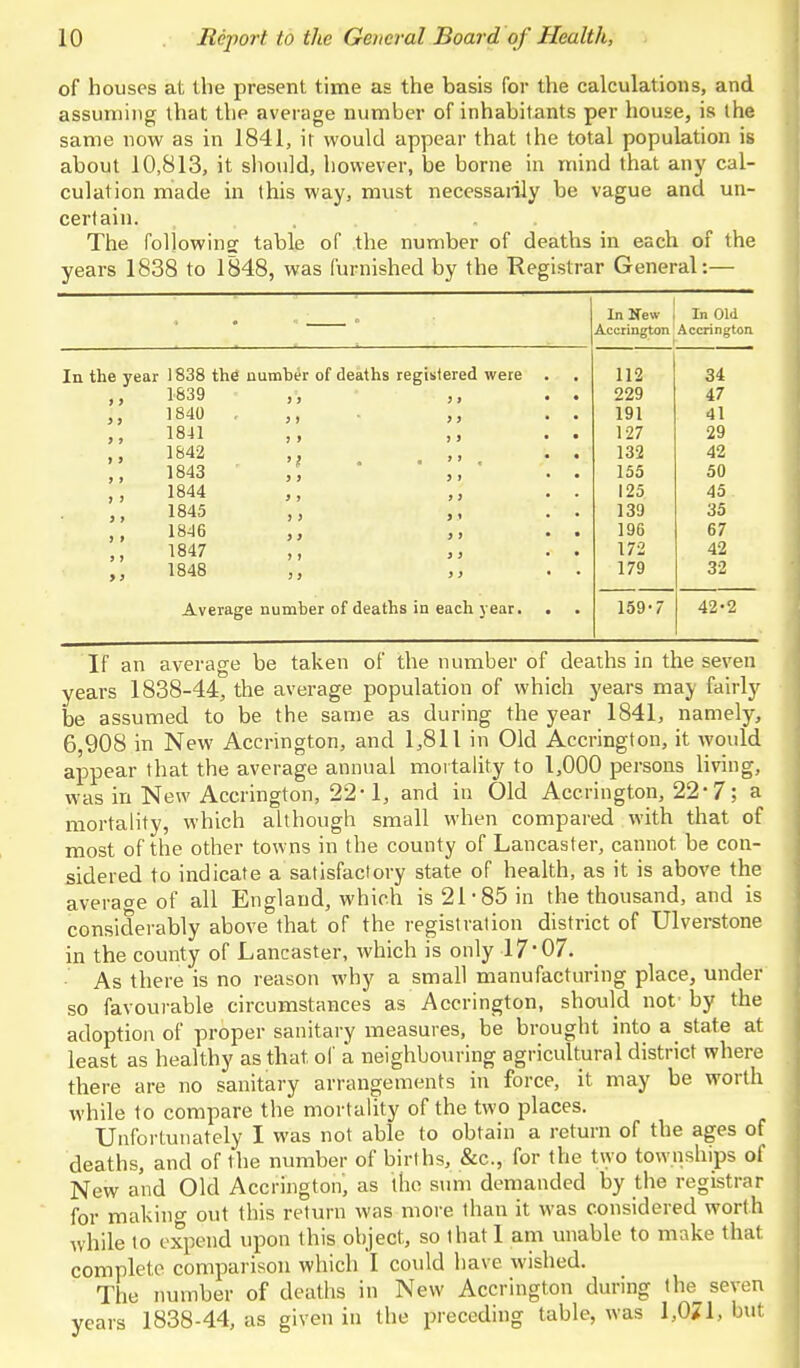 of houses at the present time as the basis for the calculations, and assuming that the average number of inhabitants per house, is the same now as in 1841, it would appear that the total population is about 10,813, it should, however, be borne in mind that any cal- culation made in this way, must necessarily be vague and un- certain. The following table of the number of deaths in each of the years 1838 to 1848, was furnished by the Registrar General:— In the year 1838 the number of deaths registered were > > 1839 1840 1841 1842 1843 1844 1845 1846 1847 1848 >) > > > > Average number of deaths in each year. In New ! In Old Accrington Accrington 112 34 229 47 191 41 127 29 132 42 155 50 125 45 139 35 196 67 172 42 179 32 159-7 42-2 If an average be taken of the number of deaths in the seven years 1838-44, the average population of which years may fairly be assumed to be the same as during the year 1841, namely, 6,908 in New Accrington, and 1,811 in Old Accrington, it would appear that the average annual mortality to 1,000 persons living, was in New Accrington, 22-1, and in Old Accrington, 22*7; a mortality, which although small when compared with that of most of the other towns in the county of Lancaster, cannot be con- sidered to indicate a satisfactory state of health, as it is above the average of all England, which is 21*85 in the thousand, and is considerably above that of the registration district of Ulverstone in the county of Lancaster, which is only 17'07. As there is no reason why a small manufacturing place, under so favourable circumstances as Accrington, should not' by the adoption of proper sanitary measures, be brought into a state at least as healthy as that of a neighbouring agricultural district where there are no sanitary arrangements in force, it may be worth while to compare the mortality of the two places. Unfortunately I was not able to obtain a return of the ages of deaths, and of the number of births, &c, for the two townships of New and Old Accrington, as the sum demanded by the registrar for making out this return was more than it was considered worth while to expend upon this object, so that I am unable to make that complete comparison which I could have wished. The number of deaths in New Accrington during the seven years 1838-44, as given in the preceding table, was 1,071, but