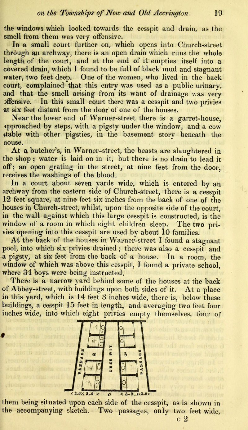 the windows which looked towards the cesspit and drain, as the smell from them was very offensive. In a small court further on, which opens into Church-street through an archway, there is an open drain which runs the whole length of the court, and at the end of it empties itself into a covered drain, which I found to be full of black mud and stagnant water, two feet deep. One of the women, who lived in the back court, complained that this entry was used as a public urinary, and that the smell arising from its want of drainage was very >ffensive. In this small court there was a cesspit and two privies at six feet distant from the door of one of the houses. Near the lower end of Warner-street there is a garret-house, approached by steps, with a pigsty under the window, and a cow •table with other pigsties, in the basement story beneath the flouse. At a butcher's, in Warner-street, the beasts are slaughtered in the shop; water is laid on in it, but there is no drain to lead it off; an open grating in the street, at nine feet from the door, receives the washings of the blood. In a court about seven yards wide, which is entered by an archway from the eastern side of Church-street, there is a cesspit 12 feet square, at nine feet six inches from the back of one of the houses in Church-street, whilst, upon the opposite side of the court, in the wall against which this large cesspit is constructed, is the window of a room in which eight children sleep. The two pri- vies opening into this cesspit are used by about 10 families. At the back of the houses in Warner-street I found a stagnant pool, into which six privies drained; there was also a cesspit and a pigsty, at six feet from the back of a house. In a room, the window of which was above this cesspit, I found a private school, where 34 boys were being instructed. There is a narrow yard behind some of the houses at the back of Abbey-street, with buildings upon both sides of it. At a place in this yard, which is 14 feet 3 inches wide, there is, below these buildings, a cesspit 15 feet in length, and averaging two feet four inches wide, into which eight privies empty themselves, four of w ■S2..fl^3-0 > c M 3-0^2-0 > them being situated upon each side of the cesspit, as is shown in the accompanying sketch. Two passages, only two feet wide, c 2
