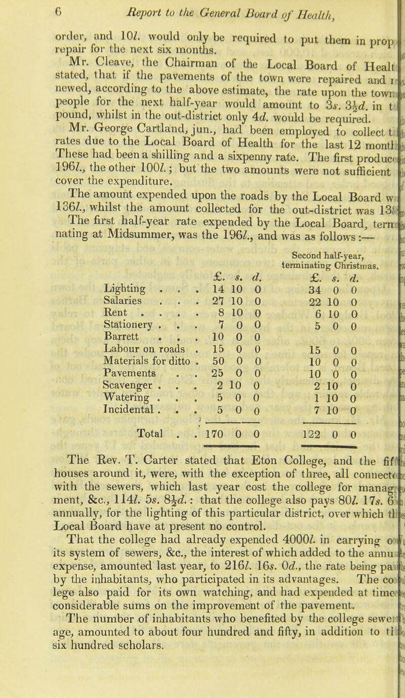 order, and 10/. would only be required to put them in prop repair for the next six months. I Mr. Cleave, the Chairman of the Local Board of Healt stated, lhat if the pavements of the town were repaired and i i newed, according to the above estimate, the rate upon the town, „ people for the next half-year would amount to 3*. 3K in t pound, whilst in the out-district only 4d. would be required. Mr. George Cartland, jun., had been employed to collect t \ rates due to the Local Board of Health for the last 12 montl f, These had been a shilling and a sixpenny rate. The first produc j 196/., the other 100/.; but the two amounts were not sufficient b cover the expenditure. The amount expended upon the roads by the Local Board w 136/., whilst the amount collected for the out-district was 13; , The first half-year rate expended by the Local Board, tern; j) nating at Midsummer, was the 196/., and was as follows :— Second half-year, terminating Christmas. 91 £. s. d. D! 34 0 0 22 10 0 6 10 0 [ 5 0 0 B 15 0 0 10 0 0 fj 10 0 0 )f 2 10 0 lD 1 10 0 la 7 10 0 K) 122 0 0 in ' pi The Kev. T. Carter stated that Eton College, and the fiff hi houses around it, were, with the exception of three, all connect< k with the sewers, which last year cost the college for manag; \ ment, &c, 114/. 5s. 8%d.: that the college also pays 80/. 17s. 6 n annually, for the lighting of this particular district, over which tl « Local Board have at present no control. That the college had already expended 4000/. in carrying o its system of sewers, &c, the interest of which added to the annu it expense, amounted last year, to 216/. 16s. 0d., the rate being pa | by the inhabitants, who participated in its advantages. The co ml lege also paid for its own watching, and had expended at time g considerable sums on the improvement of the pavement. The number of inhabitants who benefited by the college sewe | age, amounted to about four hundred and fifty, in addition to til« six hundred scholars. is io £. s. d. Lighting . 14 10 0 Salaries 21 10 0 Rent . 8 10 0 Stationery . 7 0 0 Barrett 10 0 0 Labour on roads . 15 0 0 Materials for ditto . 50 0 0 Pavements 25 0 0 Scavenger . 2 10 0 Watering . 5 0 0 Incidental. 5 0 0 Total . .' 170 0 0