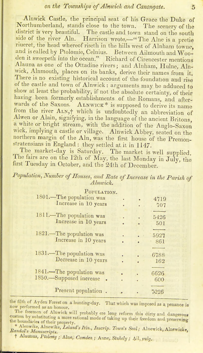 Alnwick Castle, the principal seat of his Grace the Duke of Northumberland, stands close to the town. The scenery of the district is very beautiful. The castle and town stand on the south side of the river Aln. Harrison wrote,—The Alne is a pretie riueret, the head whereof riseth in the hills west of Alnham towne, and is called by Ptolomie, Celnius. Between Ailmouth and Woo- den it sweepeth into the ocean. Richard of Cirencester mentions Alauna as one of the Ottadine rivers; and Alnham, Hulne, Aln- wick, Alnmouth, places on its banks, derive their names from it. There is no existing historical account of the foundation and rise of the castle and town of Alnwick : arguments may be adduced to show at least the probability, if not the absolute certainty, of their having been formerly establishments of the Romans, and after- wards of the Saxons. Alnwick* is supposed to derive its name from the river ALN,f which is undoubtedly an abbreviation of Alwen or Alain, signifying, in the language of the ancient Britons, a white or bright stream, with the addition of the Anglo-Saxon wick, implying a castle or village. Alnwick Abbey, seated on the northern margin of the Aln, was the first house of the Premon- stratensians in England : they settled at it in 1147. The market-day is Saturday. The market is well supplied The fairs are on the 12th of May, the last Monday in July, the first Tuesday in October, and the 24th of December. Population, Number of Houses, and Sate of Increase in the Parish of Alnwick. Population. 1801.—The population was Increase in 10 years 1811.—The population was Increase in 10 years 1821.—The population was . . 5927 Increase in 10 years . . 861 1831.—The population was . . 6788 Decrease in 10 years . . 162 1841.'—The population was . . 6626 1850.—Supposed increase . . . 600 Present population . , . 7,226 the filth of Ayden Forest on a hunting-day. That which was imposed as a penance is now performed as an honour. 1 o,Z«l £T. °ftAlnwick wil1 Probably ere long reform this dirty and dangerous ffiSffSfi paro7r:yratl°nal m°de °f takjnS UP ** ffCed°m ad t Alaunus, Ptolemy ; Alno, Camden ; Anne, Sluhchj; Ail,jnffc.