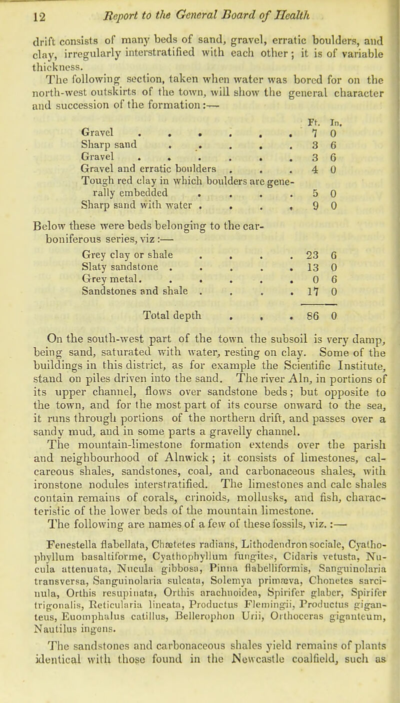 drift consists of marry beds of sand, gravel, erratic boulders, and clay, irregularly interstratified with each other; it is of variable thickness. The following section, taken when water was bored for on the north-west outskirts of the town, will show the general character and succession of the formation:—- Ft. In. Gravel . . . . 7 0 Sharp sand . . • 3 6 Gravel .... • • 3 6 Gravel and erratic boulders 4 0 Tough red clay in which boulders are gene- rally embedded 5 0 Sharp sand with water . . • * 9 0 Below these were beds belonging to the car- boniferous series, viz:— Grey clay or shale . , . 23 6 Slaty sandstone . . . . 13 0 Grey metal. . . . . .06 Sandstones and shale . . . .17 0 Total depth . , . 86 0 On the south-west part of the town the subsoil is very damp, being sand, saturated with water, resting on clay. Some of the buildings in this district, as for example the Scientific Institute, stand on piles driven into the sand. The river Aln, in portions of its upper channel, flows over sandstone beds; but opposite to the town, and for the most part of its course onward to the sea, it runs through portions of the northern drift, and passes over a sandy mud, and in some parts a gravelly channel. The mountain-limestone formation extends over the parish and neighbourhood of Alnwick; it consists of limestones, cal- careous shales, sandstones, coal, and carbonaceous shales, with ironstone nodules interstratified. The limestones and calc shales contain remains of corals, crinoids, mollusks, and fish, charac- teristic of the lower beds of the mountain limestone. The following are names of a few of these fossils, viz.:— Fenestella flabellata, Chaetetes radians, Lithodendron sociale, Cyalho- phyllum basaltiforme, Cyathophyllum fungites, Cidaris vetusta, Nu- cula attenuata, Nucula gibbosa, Pinna flabelliformis, Sanguinolaria transversa, Sanguinolaria sulcata, Solemya primajva, Chonetes sarci- nula, Orthis resupinata, Orthis arachnoidea, Spirifer glaber, Spirifer trigonalis, Reticularia lineata, Productus Flemingii, Protiuctus gig-an- teus, Euomphalus catillus, Bellerophon Urii, Orthoceras gignnteum, Nautilus ingons. The sandstones and carbonaceous shales yield remains of plants identical with those found in the Newcastle coalfield, such as