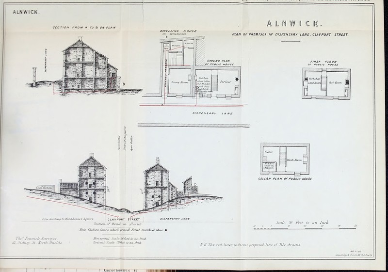 ALNWICK. SECTION rffOM A TO B O/V PLAN A I U W 11 € K DWELLING tfOl/S£ « Tenements B OF PREMISES IN DISPENSARY LANE . CLAYPORT STREET. DISPENSARY LANE ' : ~:— a s C LAY PORT STREET aisr-EivSAffr LAME Sectum* of Jtocul iiv Abarick first noon Or PUBLIC HOUSE -J—U Workshop & Bed Room drrthe- _3-L ISitsk Jloorib J CELLAR PLAN OP PUBLIC HOUSE Scale. 10 Feet tv an Inch. 10 So- W W 30 -W 60 Tibte. C/w/era, Cases \/v7ac7i. proved- Jktal rrucrAed {Jujx • 7%/-' Faorick,Siirve\iij; Hori zontal Scale 66' feet to an. Inch, Vertical, Scale 00Feet toast fruc/i. Jf.B Tlw red/ linns indicate vvoposecL li ne o f TXLe drains. 144 P. 103 Stumiz<lge&CIu)>360l<IJa<rry I ! l r l Carried lonraiu.i JB