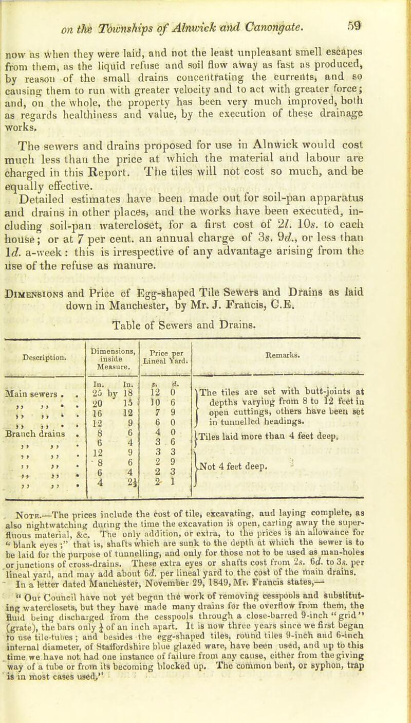 now as when they were kid, and not the least unpleasant smell escapes from them, as the liquid refuse and soil flow aWay as fast as produced, by reason of the small drains concentrating the currents, and so causintr them to run with greater velocity and to act with greater force; and, on the whole, the property has been very much improved, both as regards healthiness and value, by the execution of these drainage works. The sewers and drains proposed for use in Alnwick would cost much less than the price at which the material and labour are charged in this Report. The tiles will not cost so much, and be equally effective. Detailed estimates have been made out for soil-pan apparatus and drains in other places, and the works have been executed, in- cluding soil-pan watercloset, for a first cost of 21. 10s. to each house; or at 7 per cent, an annual charge of 3s. 9c?., or less than Id. a-week: this is irrespective of any advantage arising from the use of the refuse as manure. Dimensions and Price of Egg-shaped Tile Sewers and Drains as laid down in Manchester, by Mr. J. Francis, C.E. Table of Sewers and Drains. Description. Dimensions, inside Measure. Price per Lineal Yard. Remarks. Main sewers . . 9 9 3 9 * • > > 9 9 » • J > ' > . * ' Branch drains . j» > > • » 3 1 > * 9 9 if • » » }9 • } J )) ' In. In. 25 by 18 20 15 16 12 12 9 8 6 6 4 12 9 • 8 6 6 4 4 2* s. d. 12 0 10 6 7 9 6 0 4 0 3 6 3 3 2 9 2 3 2- 1 }The tiles are set with butt-joints at 1 depths varying from 8 to 12 feet in I open cuttings, others have been set J in tunnelled headings. J.Tiles laid more than 4 feet deep. j.Not 4 feet deep. - Note.—The prices include the cost of tile, excavating, aud laying complete, as also nightwatc.hing during the time the excavation is open, carting away the super- fluous material, &c. The only addition, or extra, to the prices is an allowance for  blank eyes ; that is, shafts which are sunk to the depth at which the sewer is to be laid for the purpose of tunnelling, and only for those not to be used as man-holes or junctions of cross-drains. These extra eyes or shafts cost from 2s. 6cf. to 3_s. per lineal yard, and may add about 6<f. per lineal yard to the cost of the main drains. In a letter dated Manchester, November 29, 1849, Mr. Francis states,—  Our Council have not yet begun the work of removing cesspools and substitut- ing waterclosets, but they have made many drains for the overflow from them, the fluid being discharged from the cesspools through a close-barred 9-inch  grid (grate), the bars only £ of an inch apart. It is now three years since we first began to use tile-tubes; and besides the egg-shaped tiles, round tiles 9-inch and 6-inch internal diameter, of Staffordshire blue glazed ware, have been used, and up to this time we have not had one instance of failure from any cause, either from the giving way of a tube or from its becoming blocked up. The common bent, or syphon, trap is in most cases used.