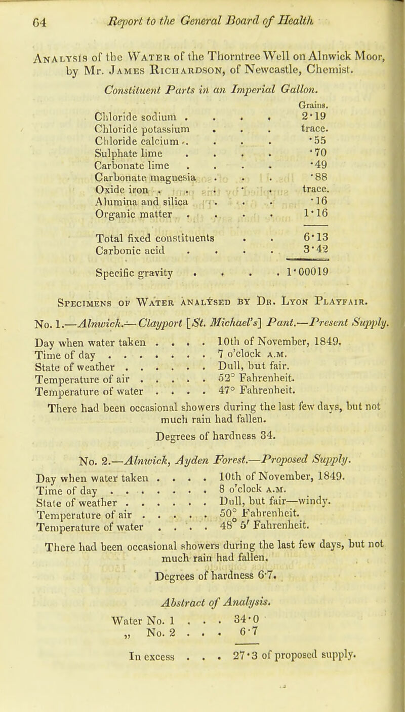 Analysis of the Water of the Thorntree Well on Alnwick Moor, by Mr. James Richardson, of Newcastle, Chemist. Constituent Parts in an Imperial Gallon. Chloride sodium . Chloride potassium Chloride calcium Sulphate lime Carbonate lime Carbonate magnesia Oxide iron . Alumina and silica Organic matter Total fixed constituents Carbonic acid Specific gravity Grains. 2-19 trace. •55 •70 •49 •88 trace. •16 1-16 6'13 3-42 1'00019 Specimens op Water analysed by Db. Lyon Playfair. No. 1.—Alnwick.—Clayport [St. Michael's] Pant.—Present Supply. Day when water taken .... 10th of November, 1849. Time of day 7 o'clock a.m. State of weather Dull, but fair. Temperature of air 52° Fahrenheit. Temperature of water .... 47° Fahrenheit. There had been occasional showers during the last few days, but not much rain had fallen. Degrees of hardness 34. No. 2.—Almoick, Ayden Forest.—Proposed Supply. Day when water taken .... 10th of November, 1849. Time of day 8 o'clock a.m. State of weather Dull, but fair—windy. Temperature of air 50° Fahrenheit. Temperature of water . . . . 48 5' Fahrenheit. There had been occasional showers during the last few days, but not much rain had fallen. Degrees of hardness 6-7. Abstract of Analysis. Water No. 1 . . . 34'0 6 T No. 2 In excess 27*3 of proposed supply.