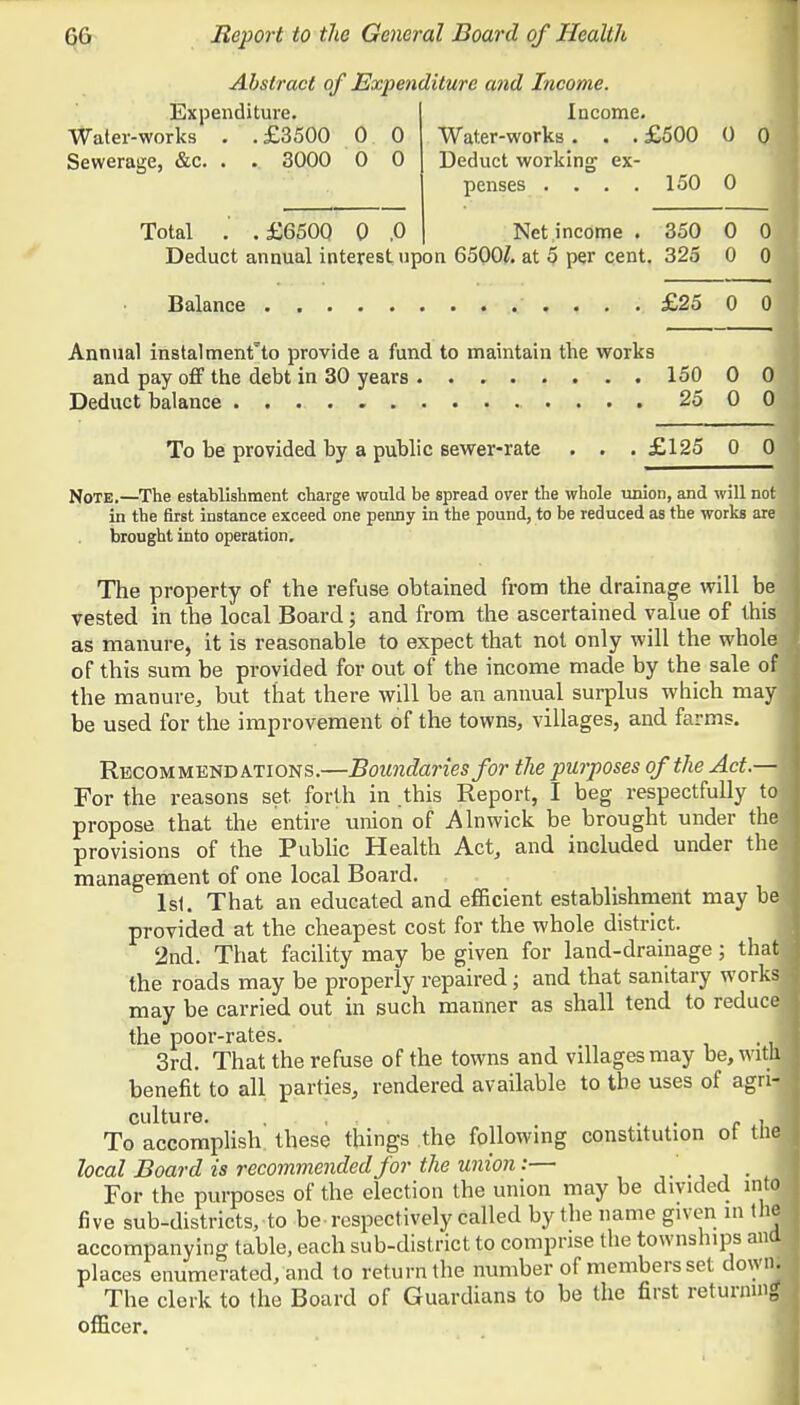 Abstract of Expenditure and Income. Expenditure. Water-works . .£3500 0. 0 Sewerage, &c. . . 3000 0 0 Total . .£650Q 0 .0 Income. Water-works . . . £500 0 0 Deduct working ex- penses .... 150 0 Net income . 350 0 0 Deduct annual interest upon 6500/. at 5 per cent. 325 0 0 Balance £25 0 0 Annual instalments provide a fund to maintain the works and pay off the debt in 30 years 150 0 0 Deduct balance 25 0 0 To be provided by a public sewer-rate . . . £125 0 0 Note.—The establishment charge would be spread over the whole union, and will not in the first instance exceed one penny in the pound, to be reduced as the works are brought into operation. The property of the refuse obtained from the drainage will be vested in the local Board; and from the ascertained value of this as manure, it is reasonable to expect that not only will the whole of this sum be provided for out of the income made by the sale of the manure, but that there will be an annual surplus which mayj be used for the improvement of the towns, villages, and farms. Recommendations.—Boundaries for the purposes of the Act.—I For the reasons set forth in .this Report, I beg respectfully to propose that the entire union of Alnwick be brought under the provisions of the Public Health Act, and included under the! management of one local Board. 1st. That an educated and efficient establishment may be provided at the cheapest cost for the whole district. 2nd. That facility may be given for land-drainage; that the roads may be properly repaired; and that sanitary works may be carried out in such manner as shall tend to reduce! the poor-rates. , 3rd. That the refuse of the towns and villages may be, with benefit to all parties, rendered available to the uses of agri-l culture. , . To accomplish these things the following constitution ot the. local Board is recommended for the union:—  _ For the purposes of the election the union may be divided into five sub-districts, to be respectively called by the name given in the accompanying table, each sub-district to comprise the townships and places enumerated/and to return the number of members set down. The clerk to the Board of Guardians to be the first returning officer.