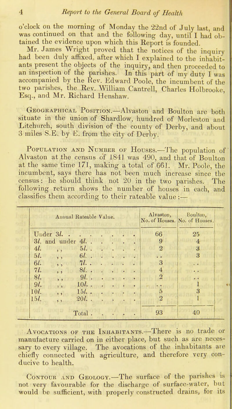 o'clock on the morning of Monday the 22nd of July last, and was continued on that and the following day, until I had ob- tained the evidence upon which this Report is founded Mr. J ames Wright proved that the notices of the inquiry had been duly affixed, after which I explained to the inhabit- ants present the objects of the inquiry, and then proceeded to an inspection of the parishes. In this part of my duty I was accompanied by the Rev. Edward Poole, the incumbent of the two parishes, the JRev. William Cantrell, Charles Holbrooke, Esq., and Mr. Richard Henshaw. Geographical Position.—Alvaston and Boulton are botli situate in the union of Shardlow, hundred of Morleston and Litchurch, south division of the county of Derby, and about 3 miles S.E. by E. from the city of Derby. Population and Number of Houses.—'J'he population of Alvaston at the census of 1841 was 490, and that of Boulton at the same time 171, making a total of 661. Mr. Poole, the incumbent, says there has not been much increase since the census: he should think not 20 in the two parishes. The following return shows the number of houses in each, and classifies them according to their rateable value:— Auiiuul Rateable Value. Alvaston, Boultou, No. of Houses. No. of Houses. 1 . . 66 25 9 4 4/. > ) 5/ 2 3 hi. > ) 6/ 3 61. 5 5 7/. 3 11. ) > 8/ 4 SI. 5 3 9/ 2 91. i 3 I 10/. > > 15/. 5 3 15/. •20/. 2 1 93 40 Avocations of the Inhabitants.—There is no trade or manufacture carried on in either place, but such as are neces- sary to every village. The avocations of the inhabitants are chiefly connected with agriculture, and therefore very con- ducive to health. Contour and Geology.—The surface of the parishes is not vei'v favourable for the discharge of surface-water, but would be sufficient, with properly constructed drains, for its